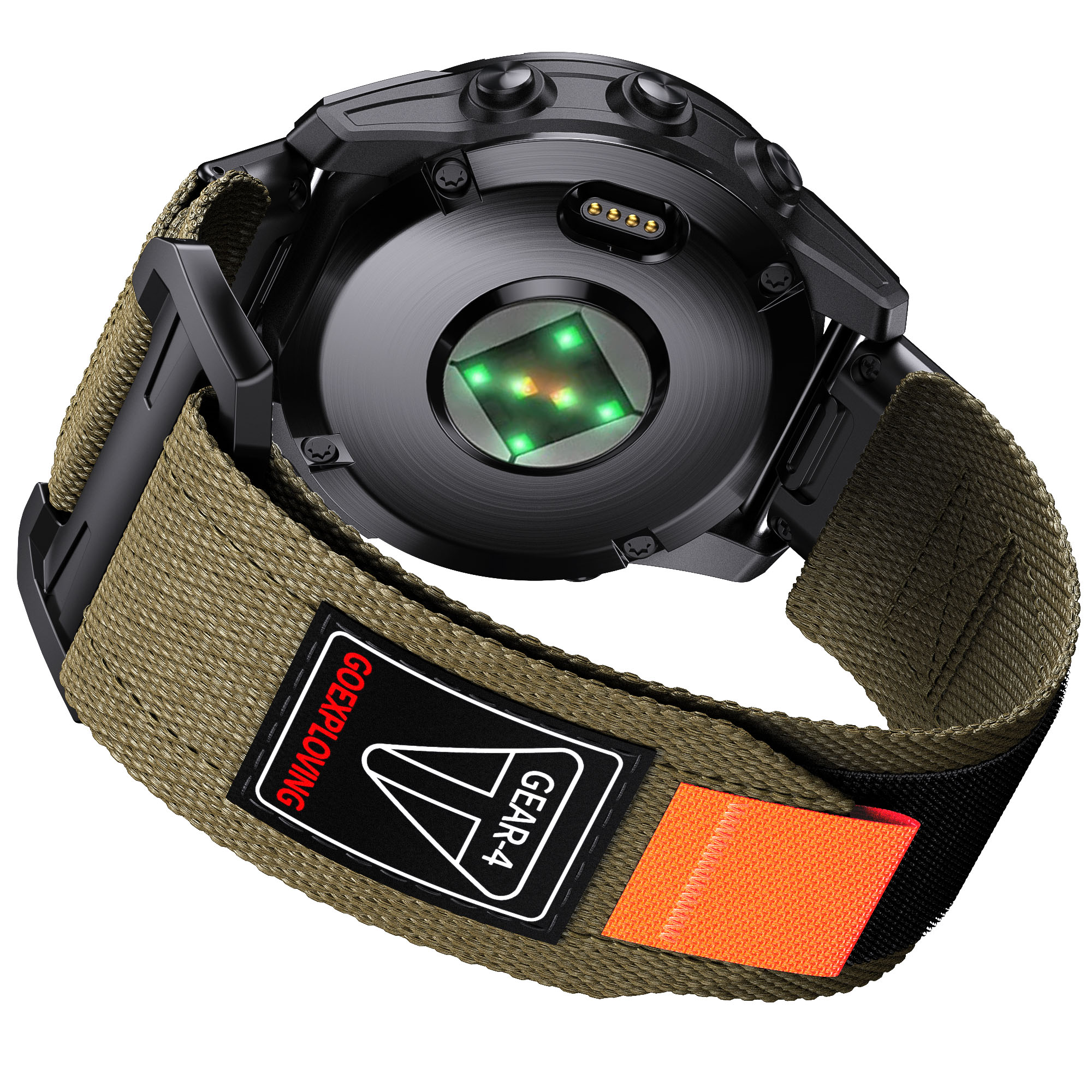 Uhrenrückseite mit befestigtem Armband. Grünes Licht in der Mitte. Olivgrünes Armband mit schwarzer Hardware.