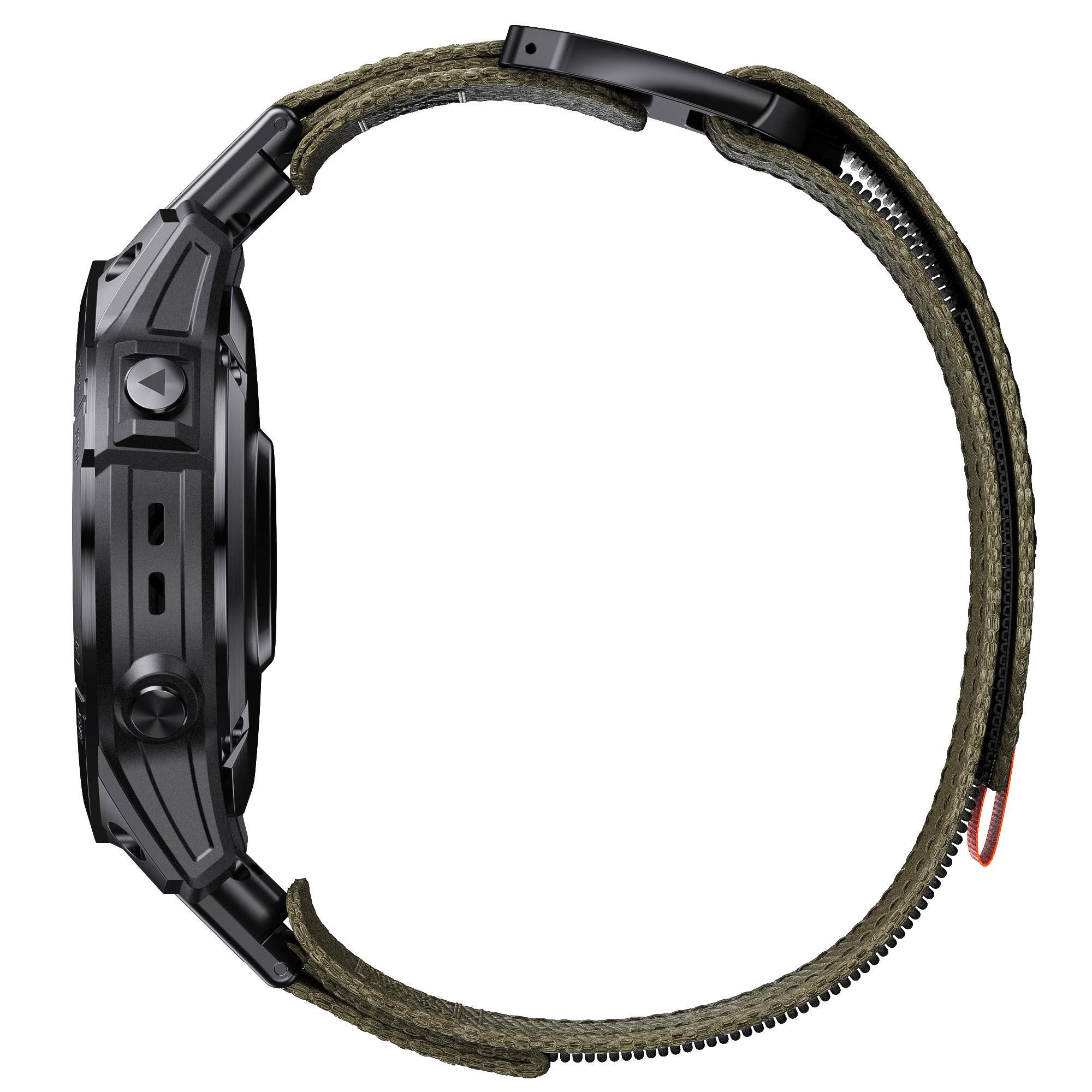 Seitenansicht einer schwarzen Smartwatch mit grünem Armband. Schwarze Lünette. Isoliert auf Weiß.