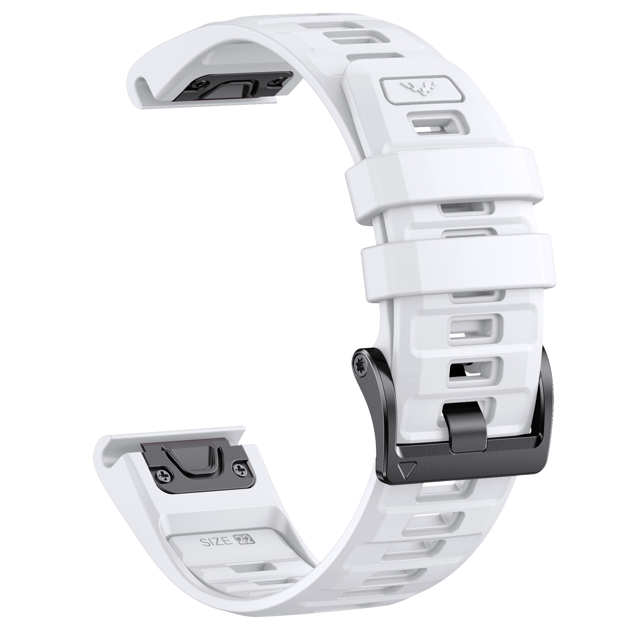 Cinturino bianco con hardware nero. Il cinturino è curvo e ha un design strutturato.
