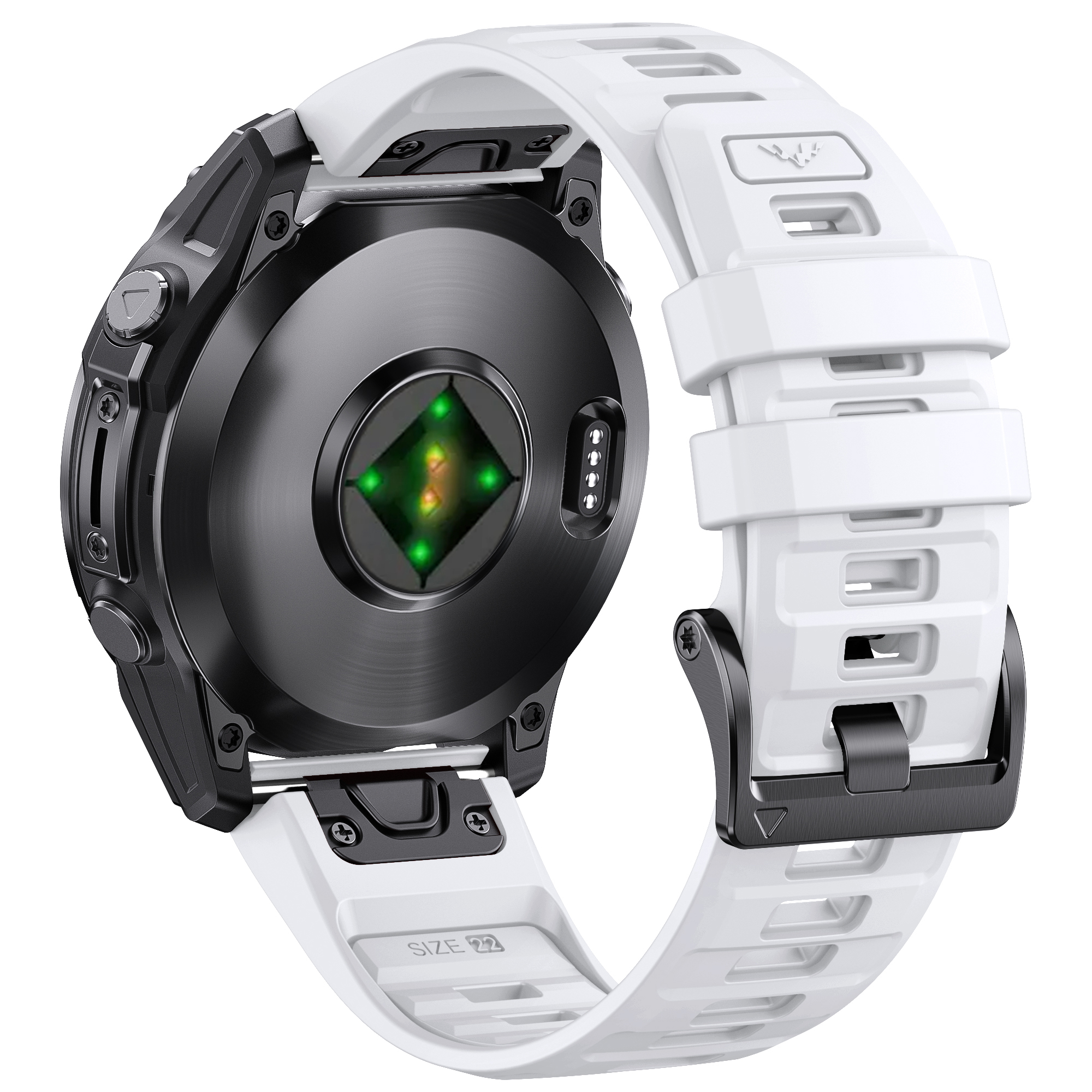 Vista posteriore di uno smartwatch nero con cinturino bianco. Luce verde del sensore accesa. Isolato su bianco.