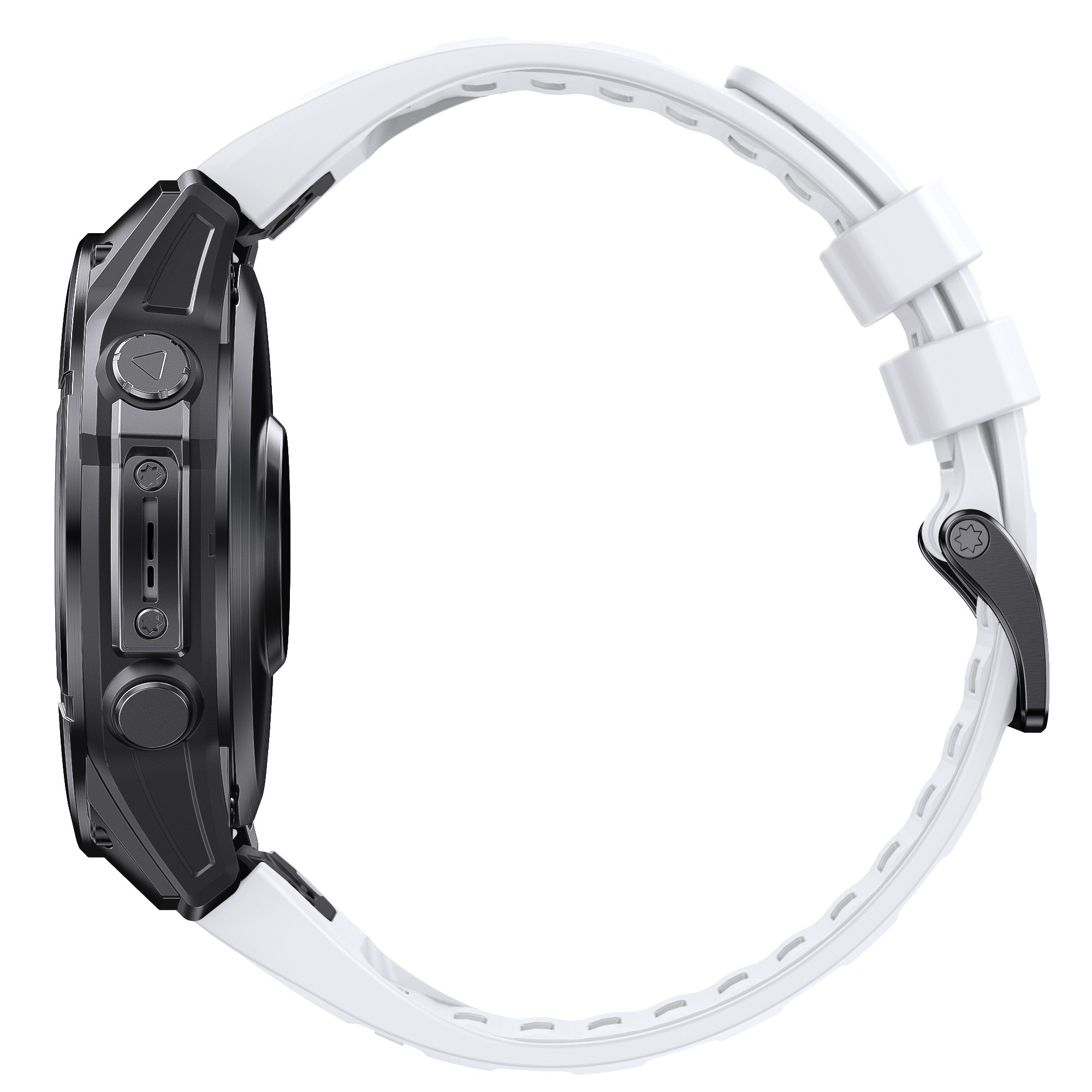 Orologio bianco con hardware nero. L'orologio è curvo e ha un cinturino.
