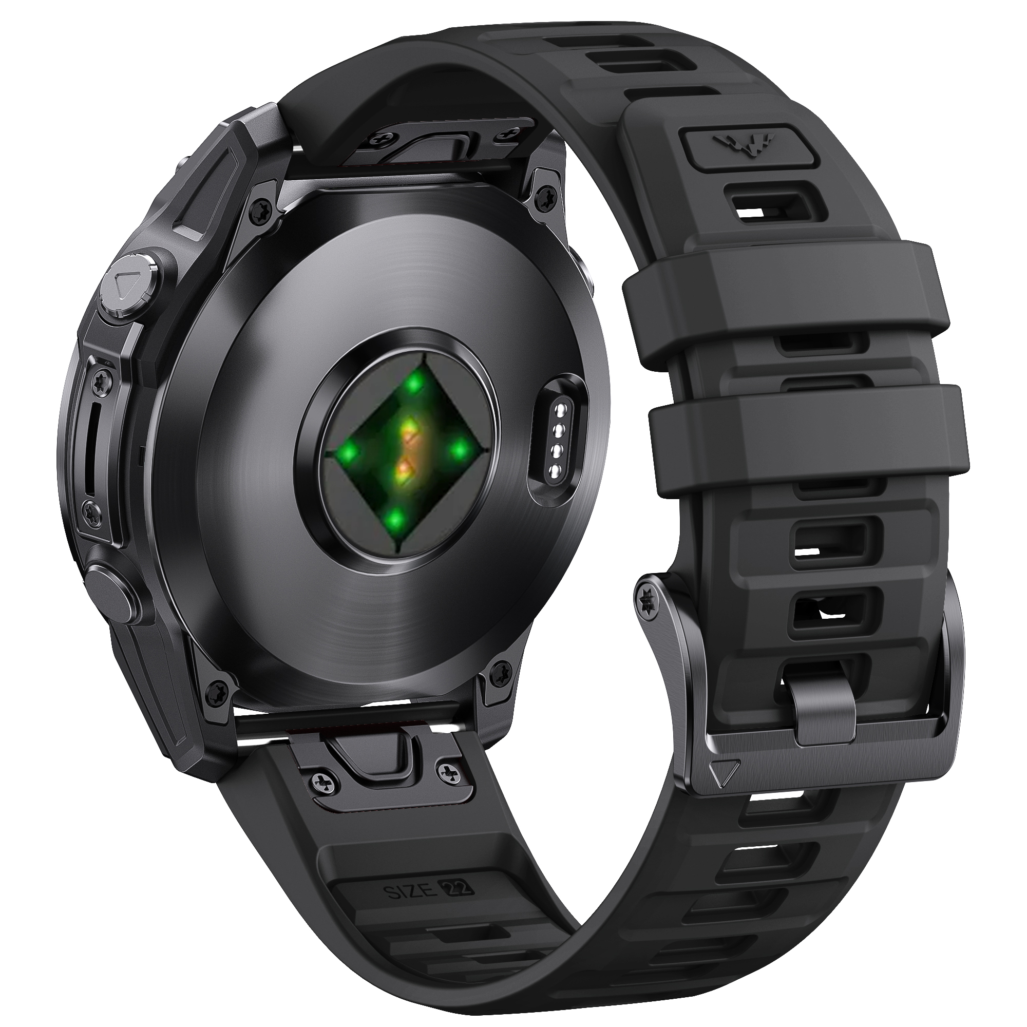 Retro smartwatch nero, cinturino nero, taglia 22, sensore di frequenza cardiaca. Sfondo bianco.