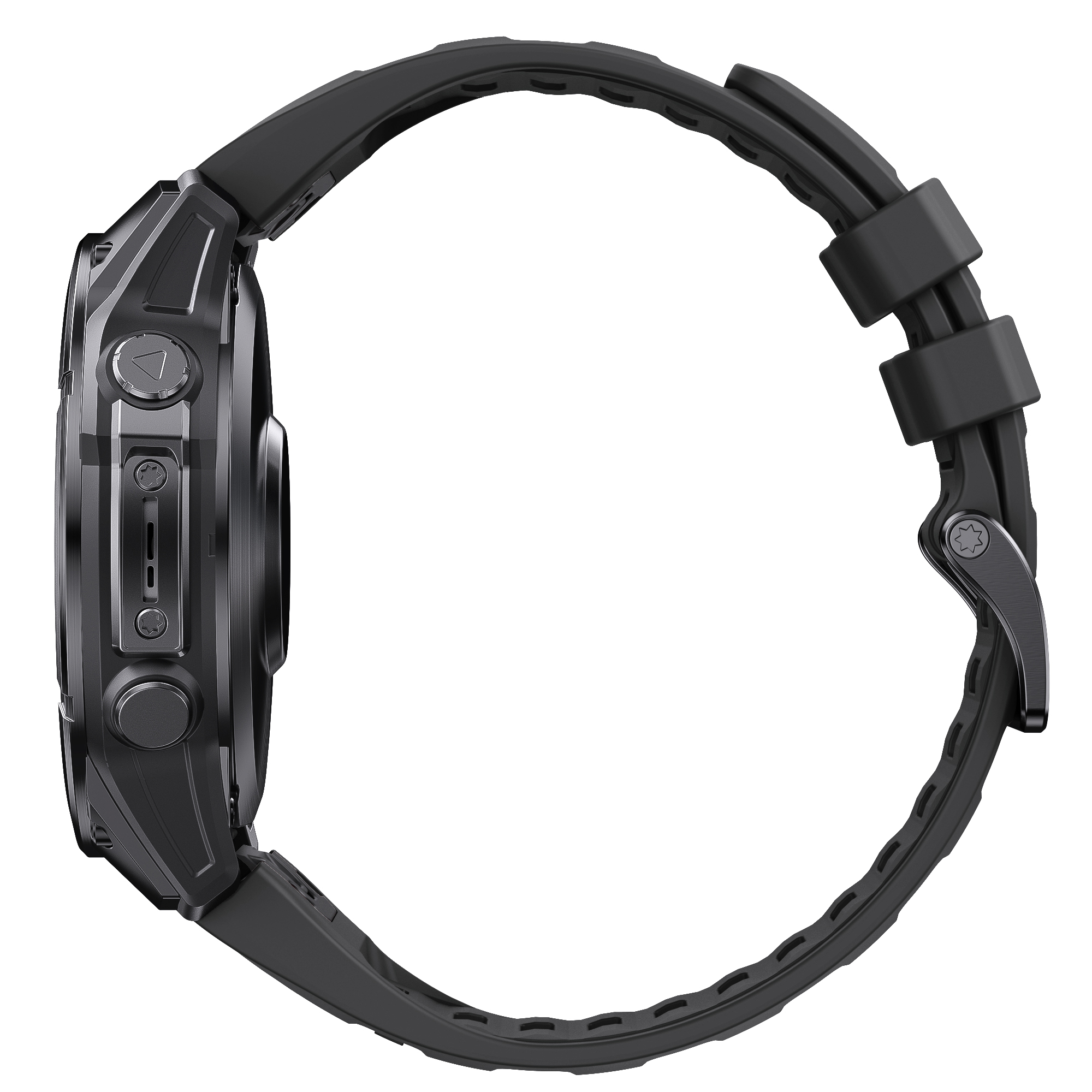 Smartwatch nero, vista laterale, cinturino nero, sfondo bianco.