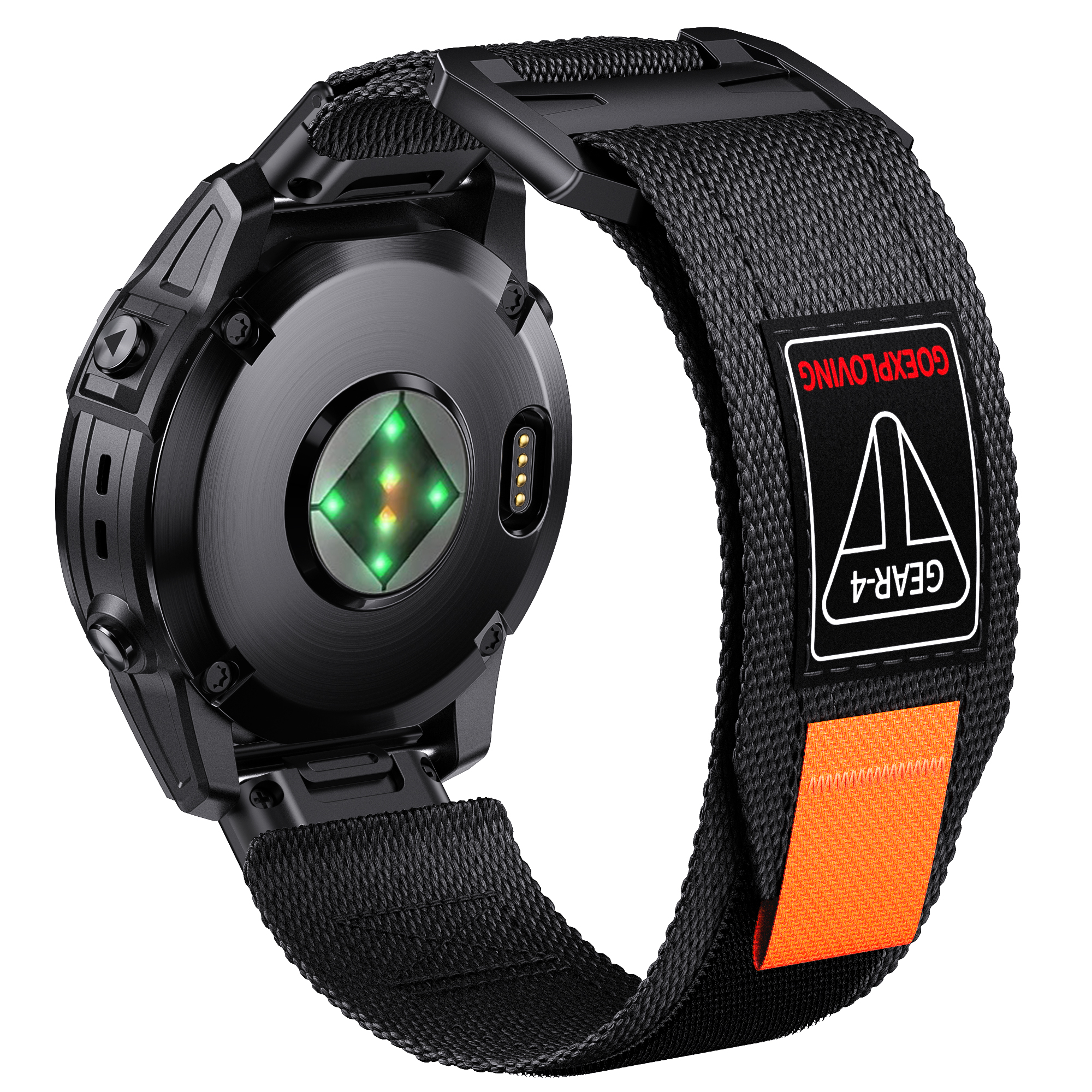 Schwarze Smartwatch-Rückseite, schwarzes Armband, orangefarbener Akzent, Gear-4-Etikett. Weißer Hintergrund.
