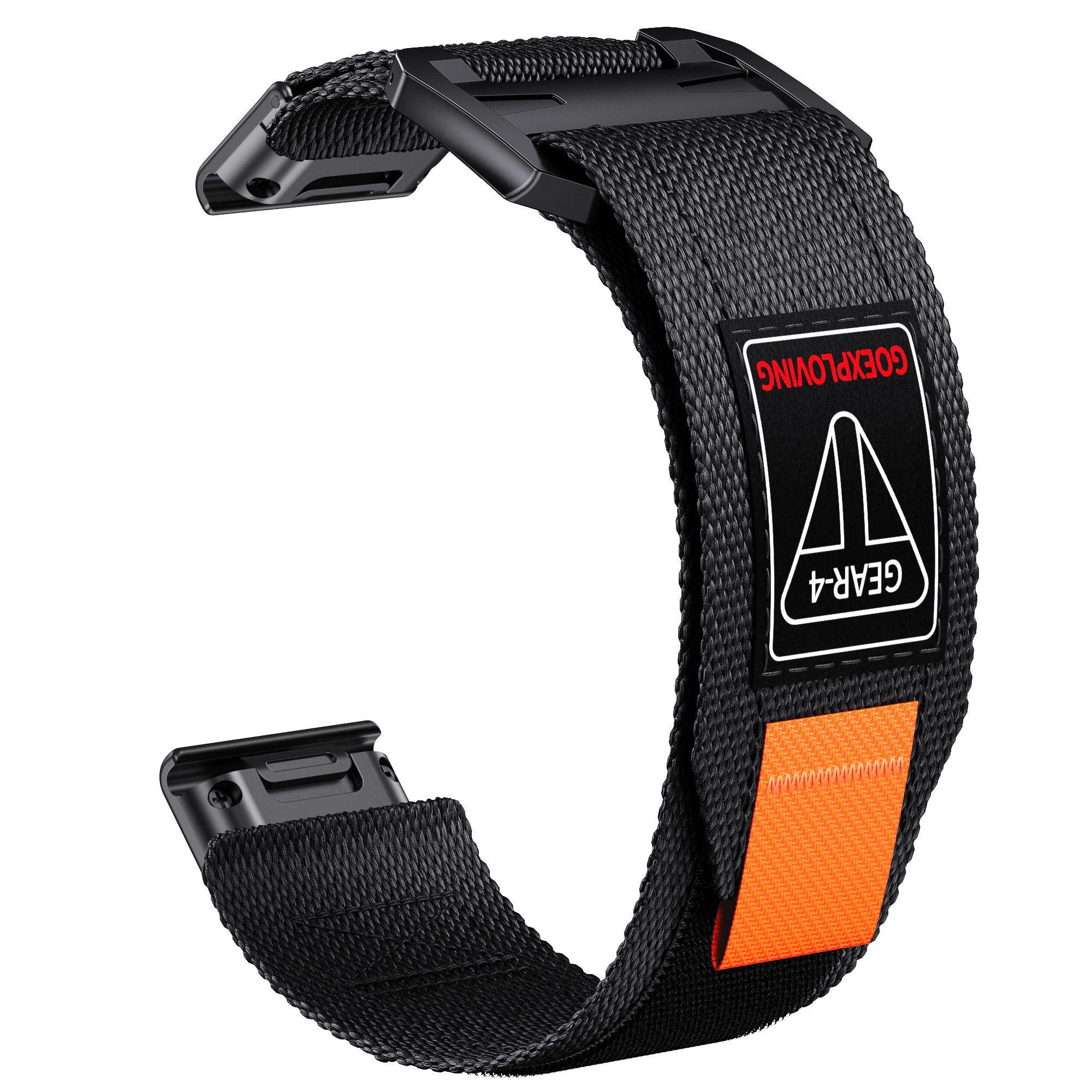 Schwarzes Uhrenarmband, schwarz und orange, Gear-4-Etikett. Weißer Hintergrund.
