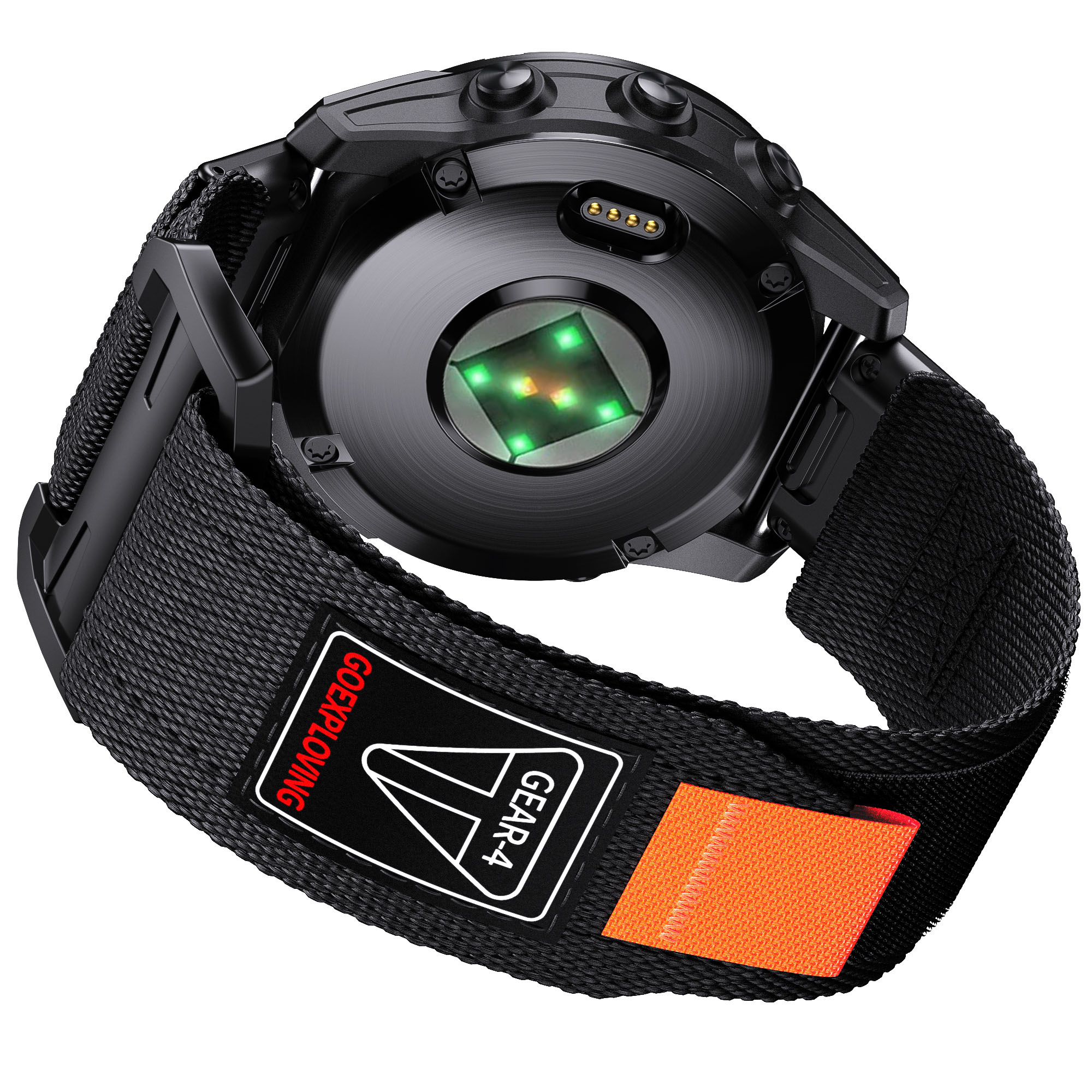 Schwarze Smartwatch mit schwarzem Stoffband mit orangefarbenem Akzent. Rückansicht.
