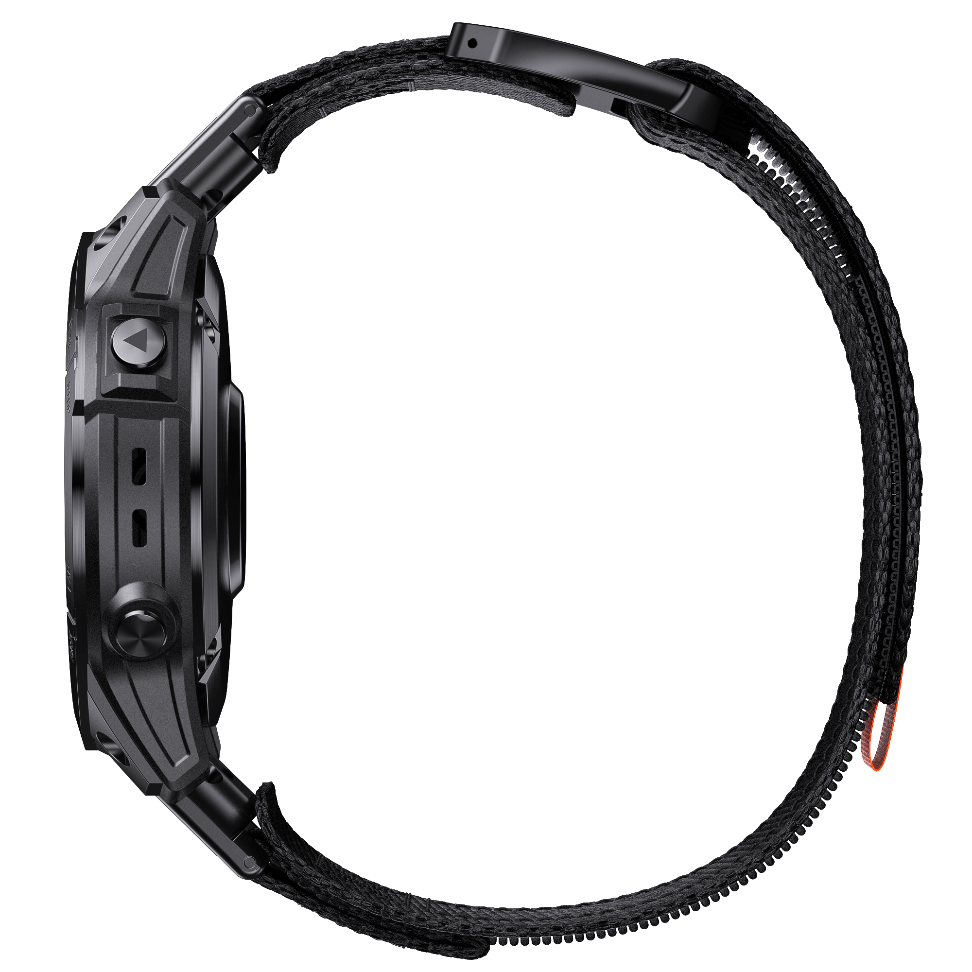 Schwarze Smartwatch, Seitenansicht, mit schwarzem Armband.