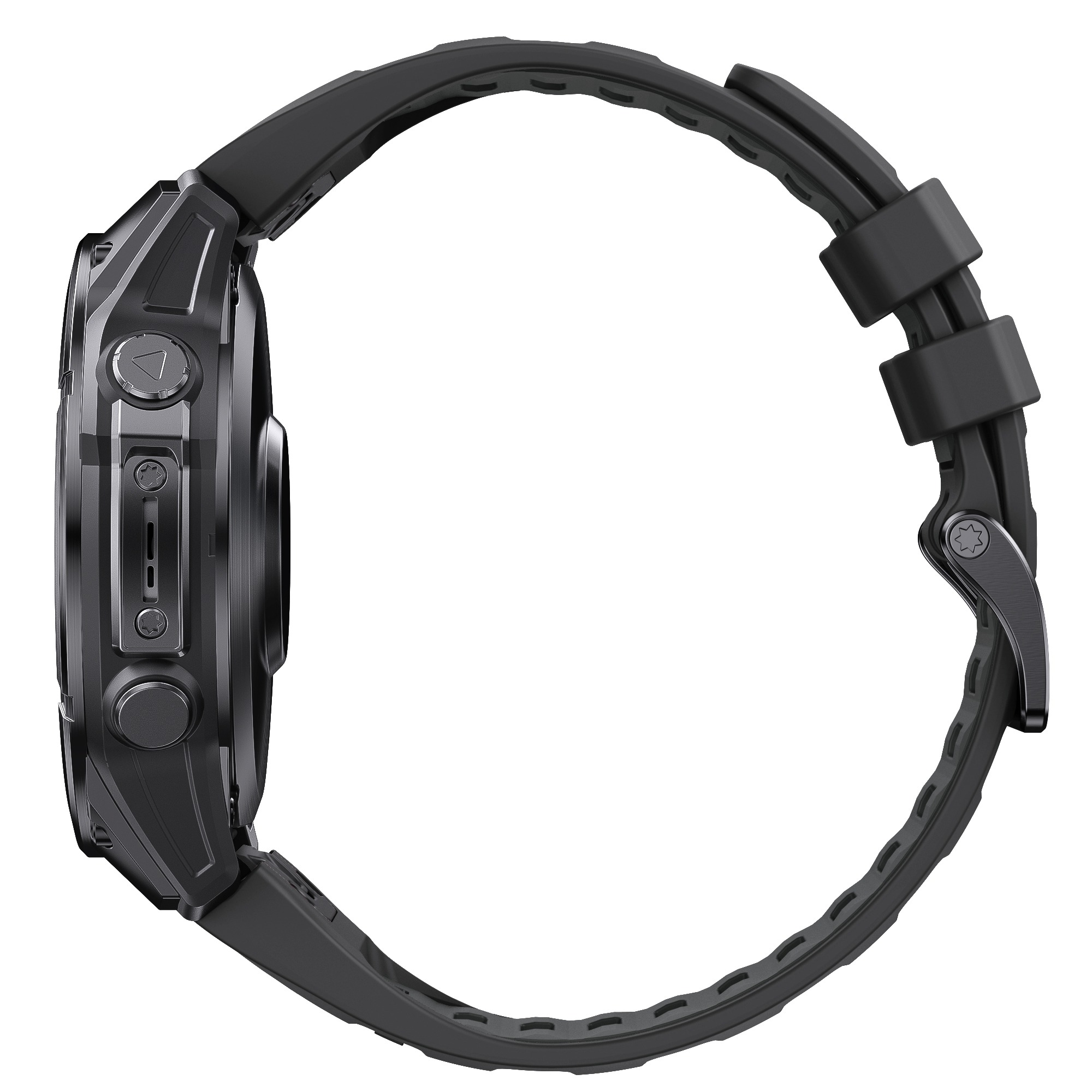 Smartwatch nero, vista laterale, cinturino nero, sfondo bianco.