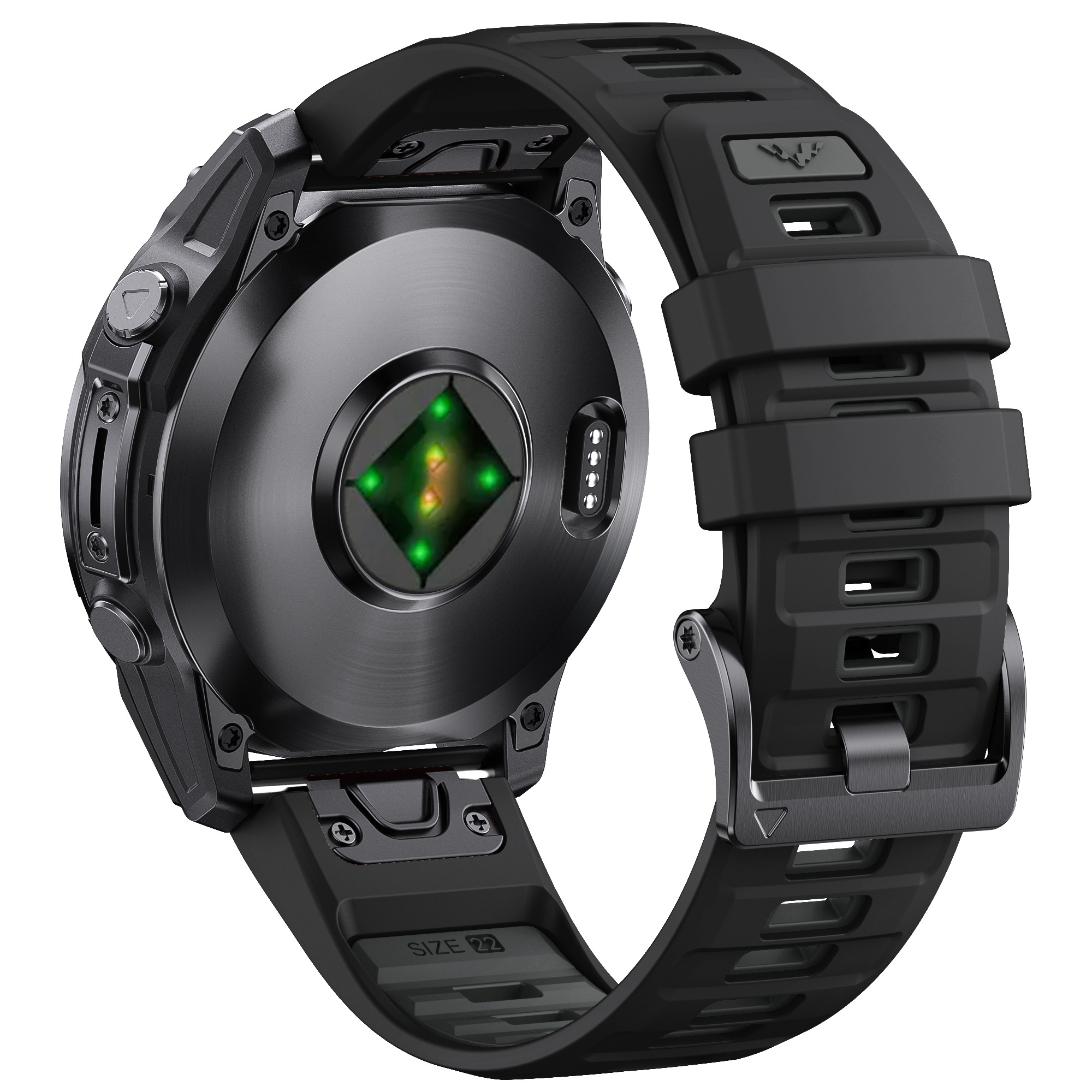 Smartwatch nera con cinturino nero, sensore visibile. Vista posteriore.