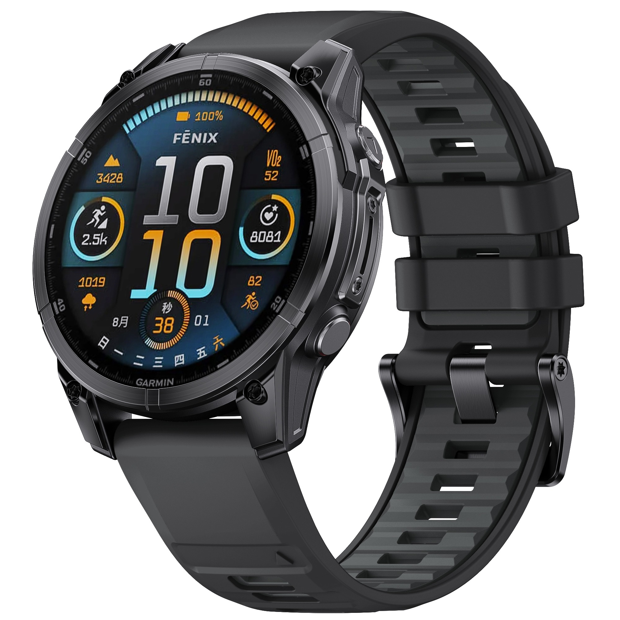 Smartwatch nera con cinturino nero, schermo mostra dati. Vista angolata.