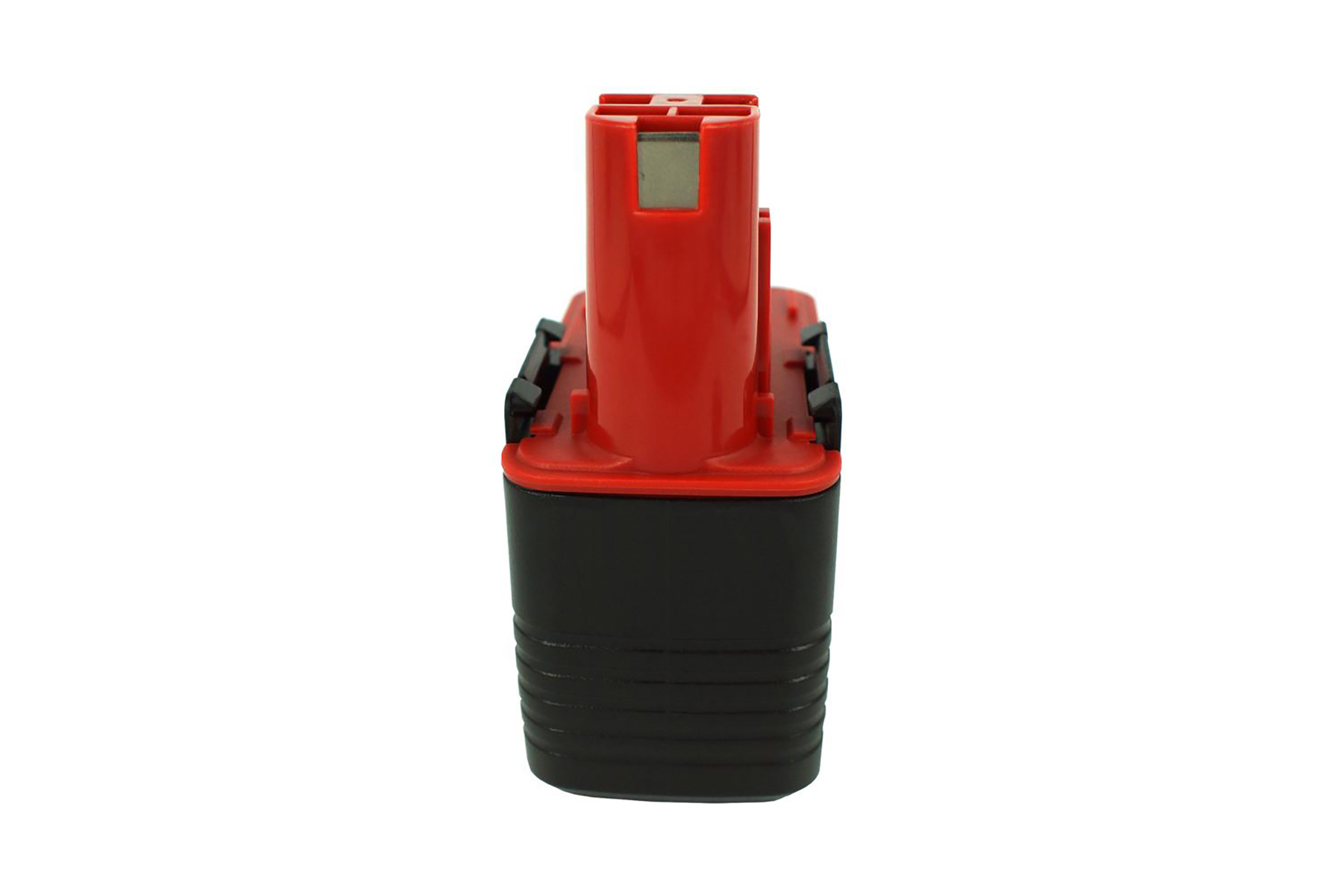 Batteria rossa e nera, vista frontale, con parte superiore rossa.