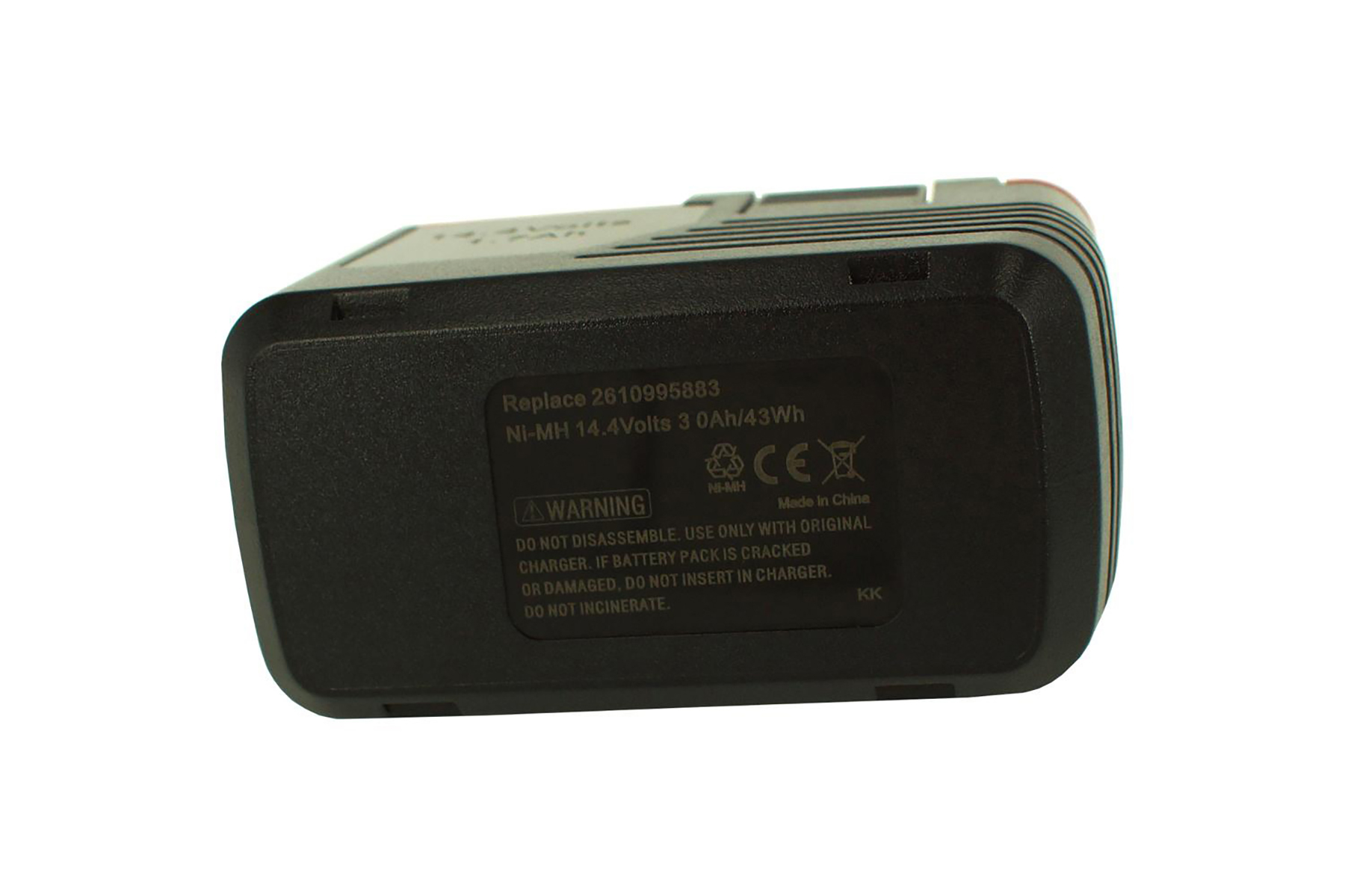 Pacco batteria nero con etichetta, sfondo bianco.