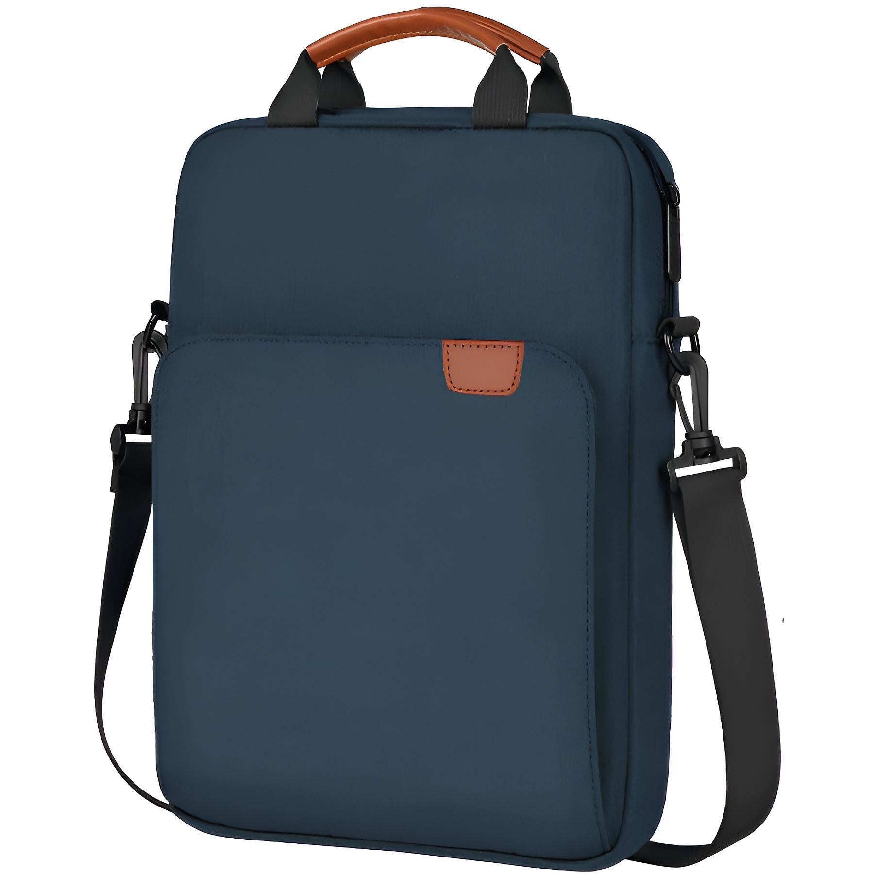 Marineblaue Laptoptasche mit braunem Griff und Schultergurt.
