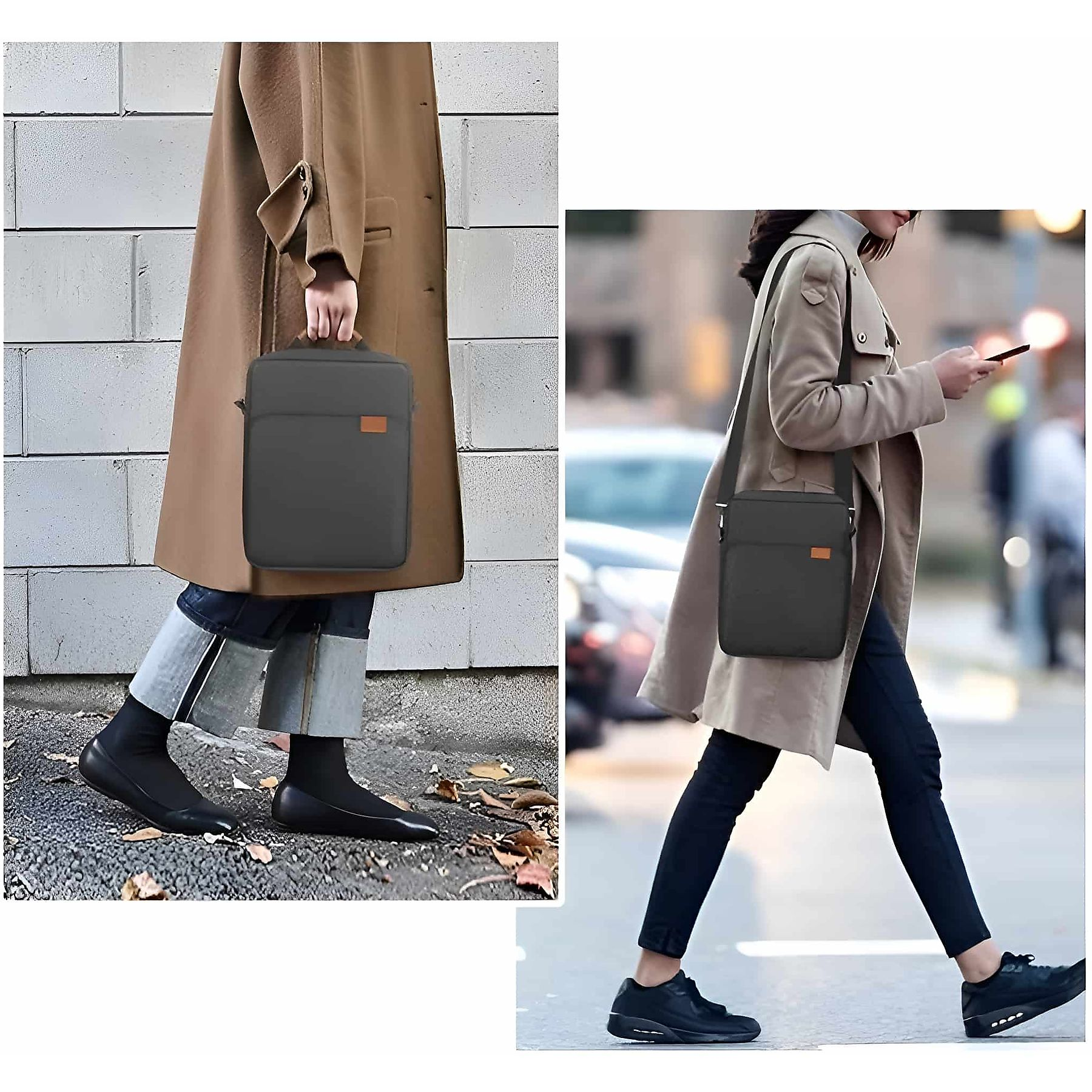 Personen tragen schwarze Laptoptaschen, gehen auf Straßen.