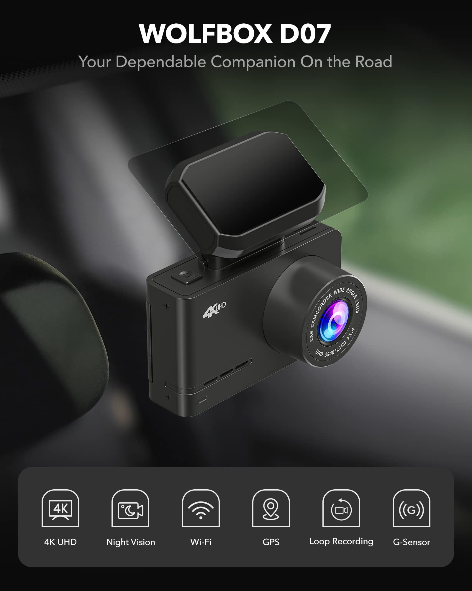 Schwarze Auto-Dashcam mit Symbolen und Straßenansicht, dunkler Hintergrund.