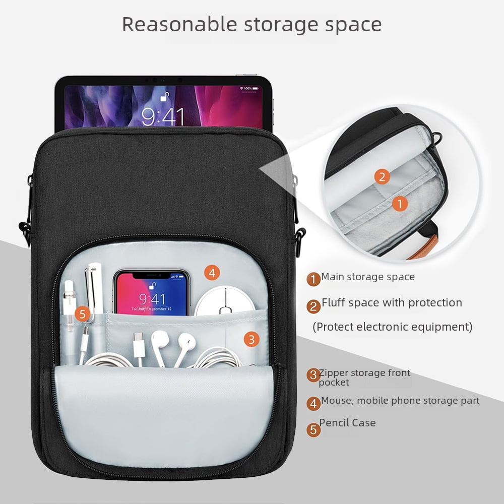 Laptoptasche mit offener Ansicht von Geräten im Inneren, weißer Hintergrund.