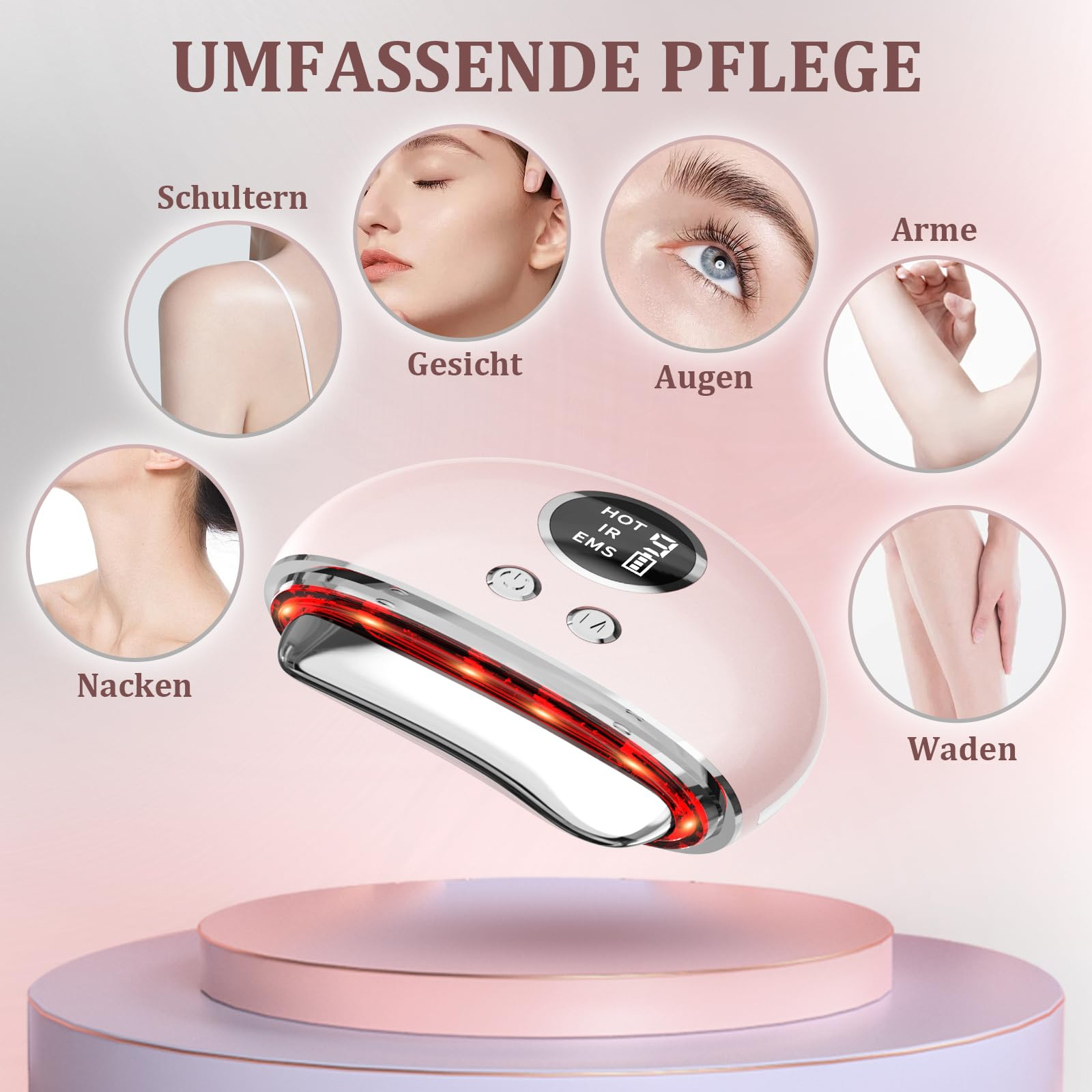 Ein rosa Schönheitsgerät mit rotem Licht, dargestellt mit Bildern von Körperteilen, das umfassende Pflege bewirbt.