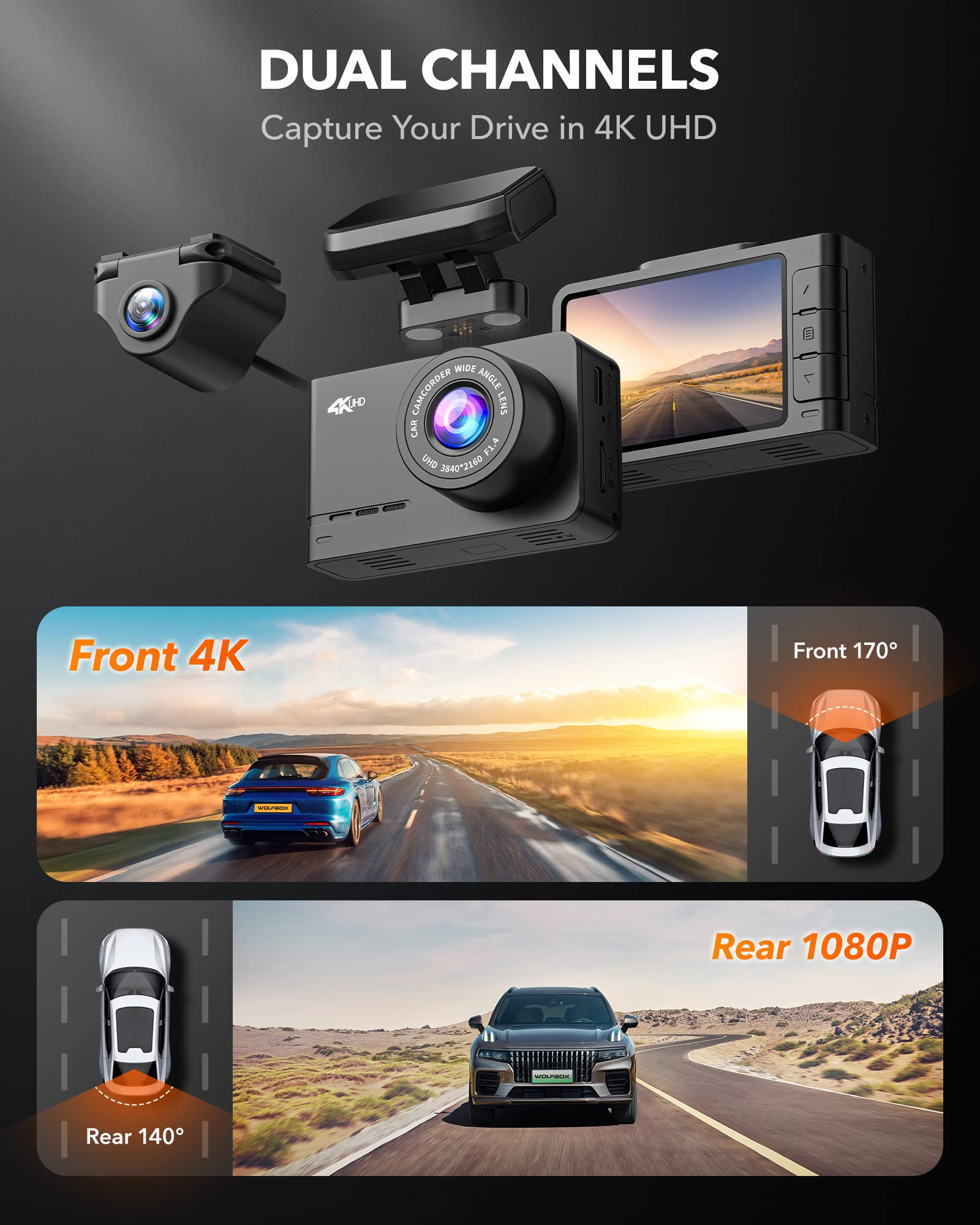 Auto-Dashcam mit Front- und Heckansicht, Straßenhintergrund.
