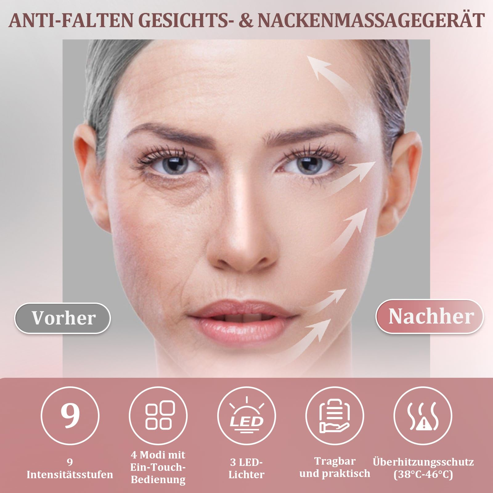 Gesicht einer Frau vor und nach der Behandlung, mit Pfeildiagrammen.