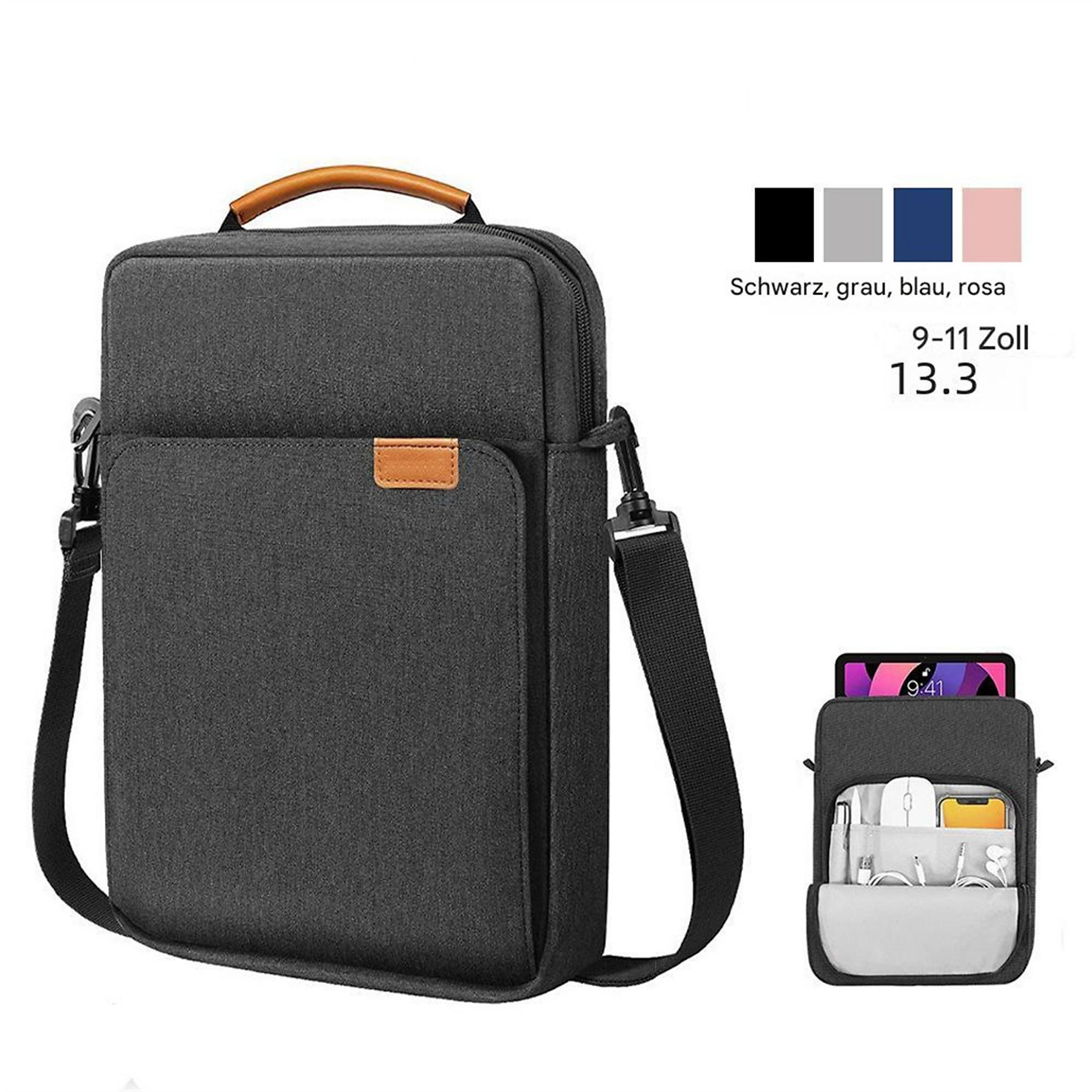Graue Tasche mit Griff, Schultergurt und kleinerer Tasche mit Tablet, plus Farboptionen.