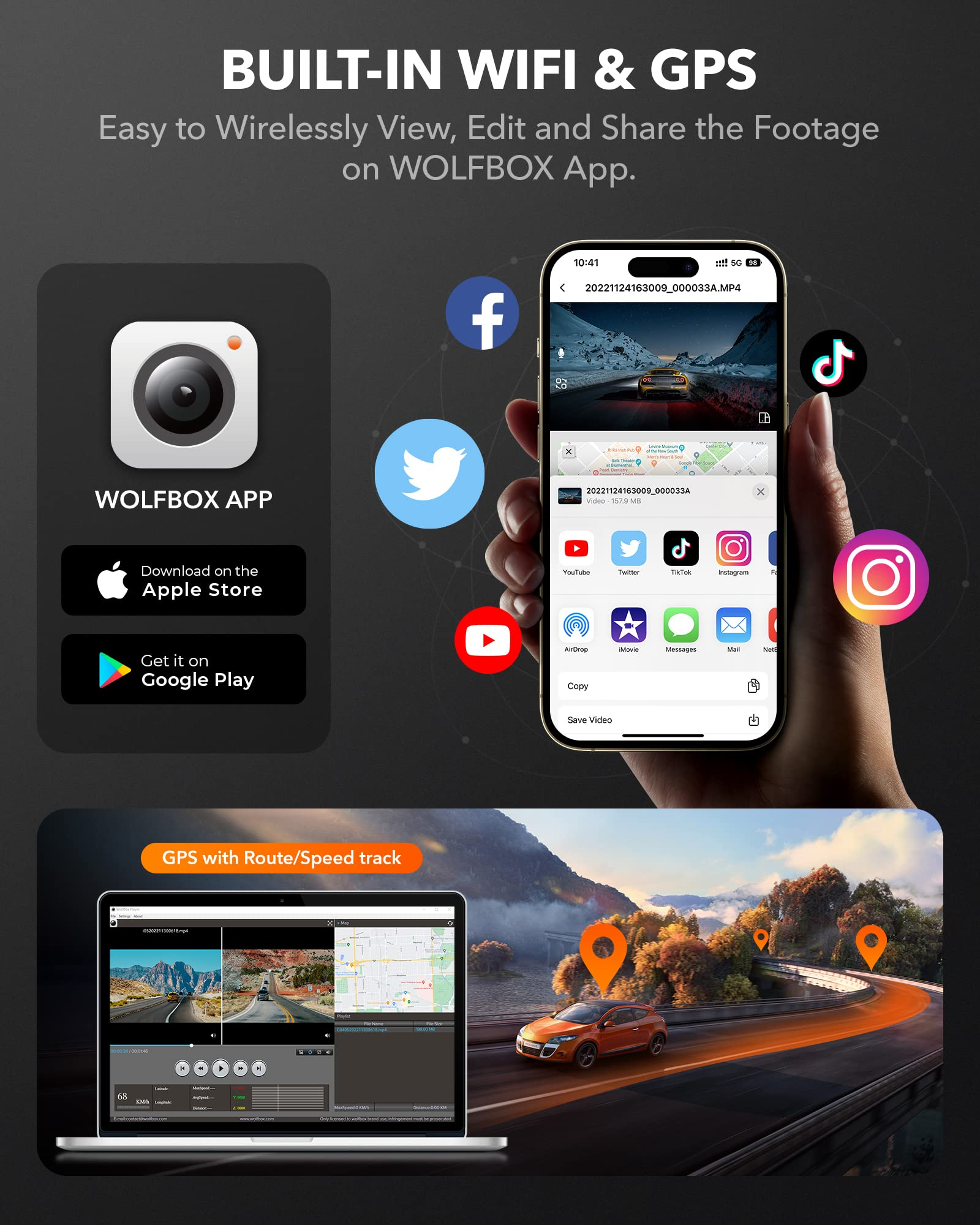 Telefon mit einer Video-Sharing-App, Social-Media-Symbolen und einem Laptop mit GPS-Routenverfolgung.
