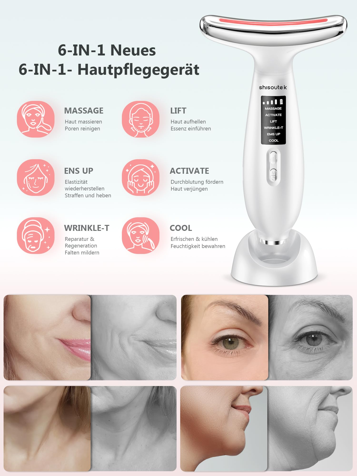 Gesichtsmassagegerät mit Symbolen und Bildern, die Massage, Lifting und Faltenreduktion mit Vorher-Nachher-Bildern zeigen.