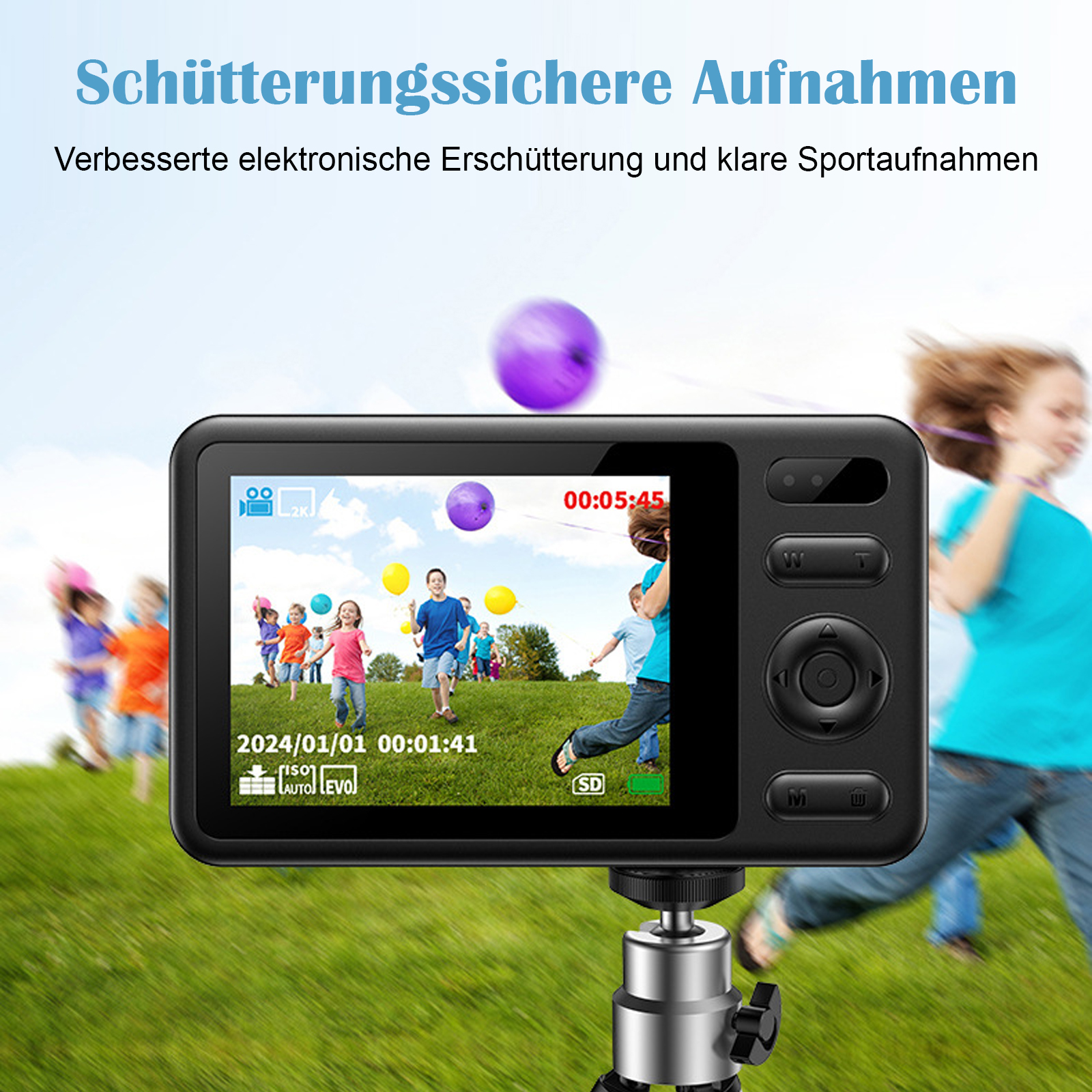 Digitalkamera auf einem Stativ. Der Bildschirm zeigt ein Video von spielenden Kindern. Die Szene ist draußen.