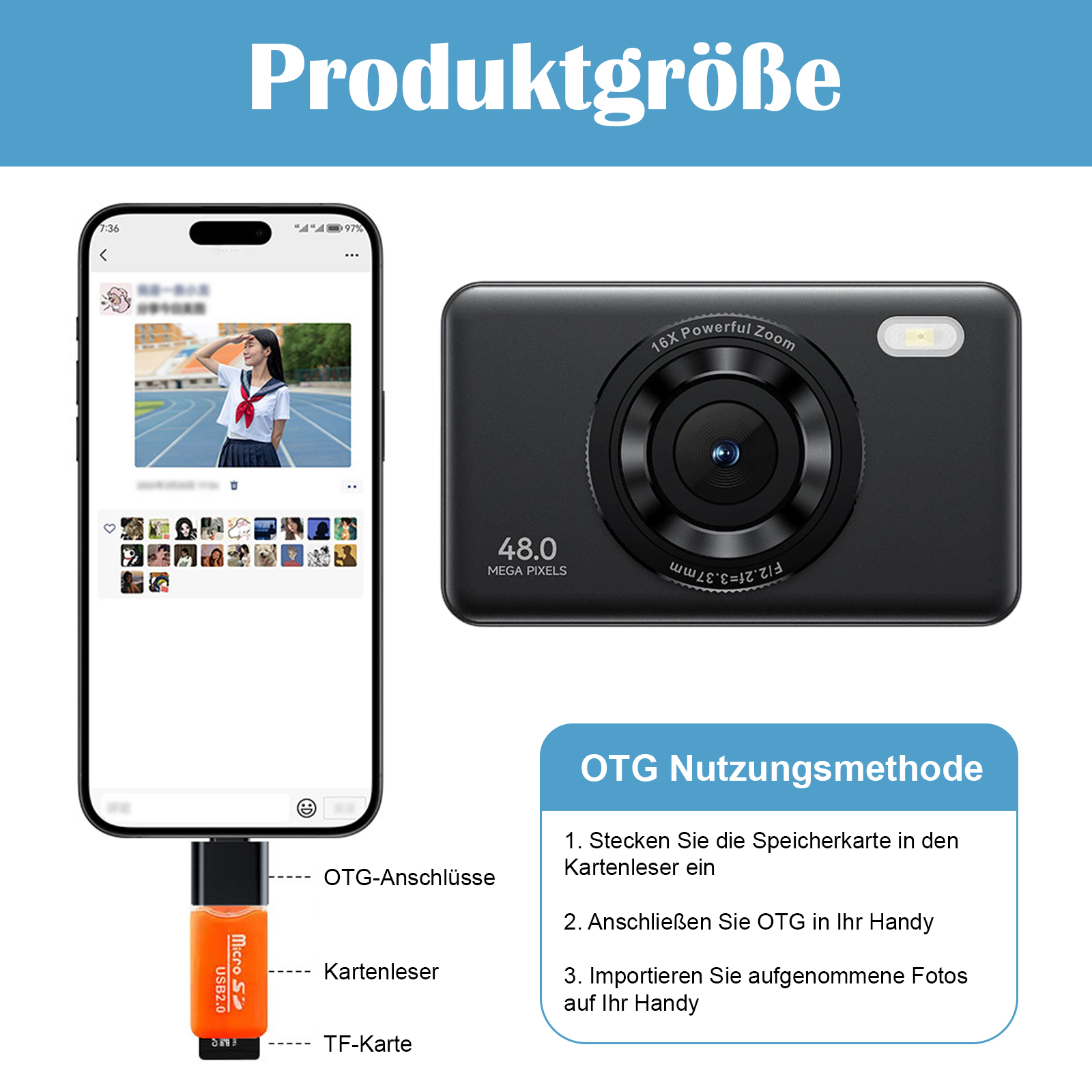 Smartphone mit Kartenleser verbunden, mit Kamera und Speicherkarte zur Verwaltung von Fotos.