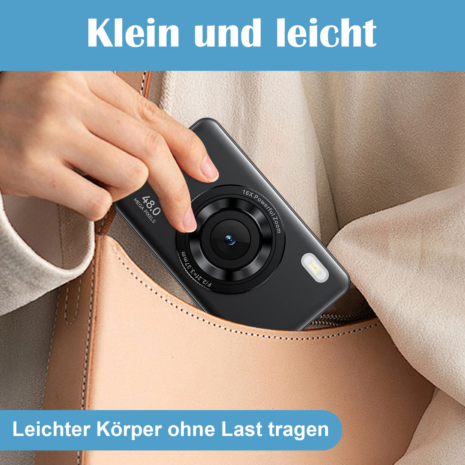 Hand hält schwarze Kamera in einer beigen Tasche. Kamera hat 48,0 Megapixel und 16x Zoom.