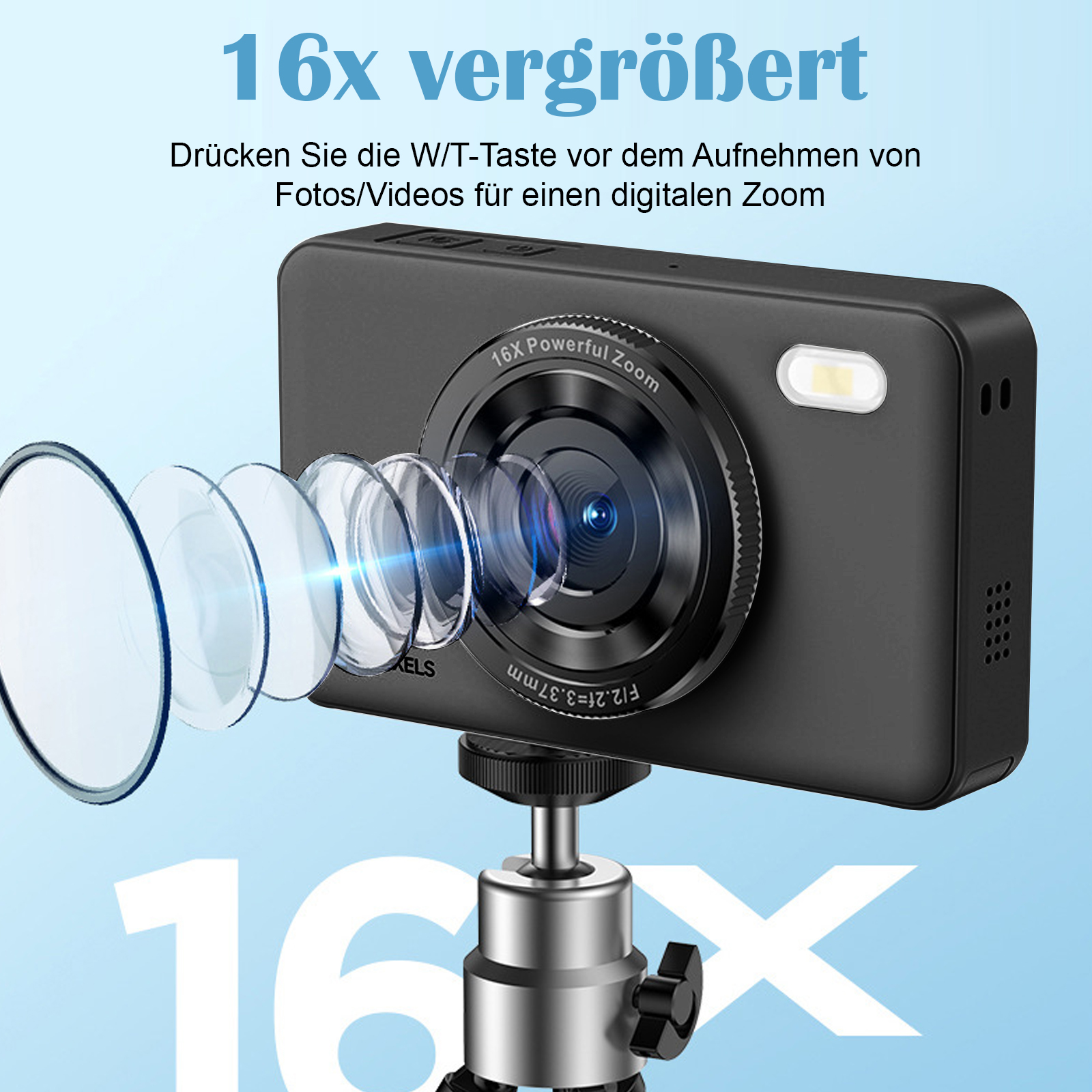 Schwarze Kamera auf Stativ, Linsen davor. Text sagt 16x Zoom auf Deutsch.