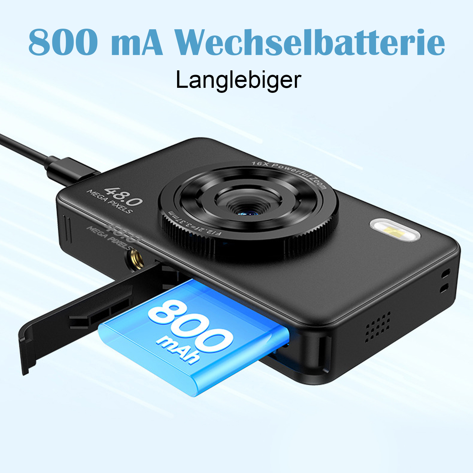 Kamera mit Batterie. Batterie ist blau und hat 800 mAh. Kamera hat 48,0 Megapixel.