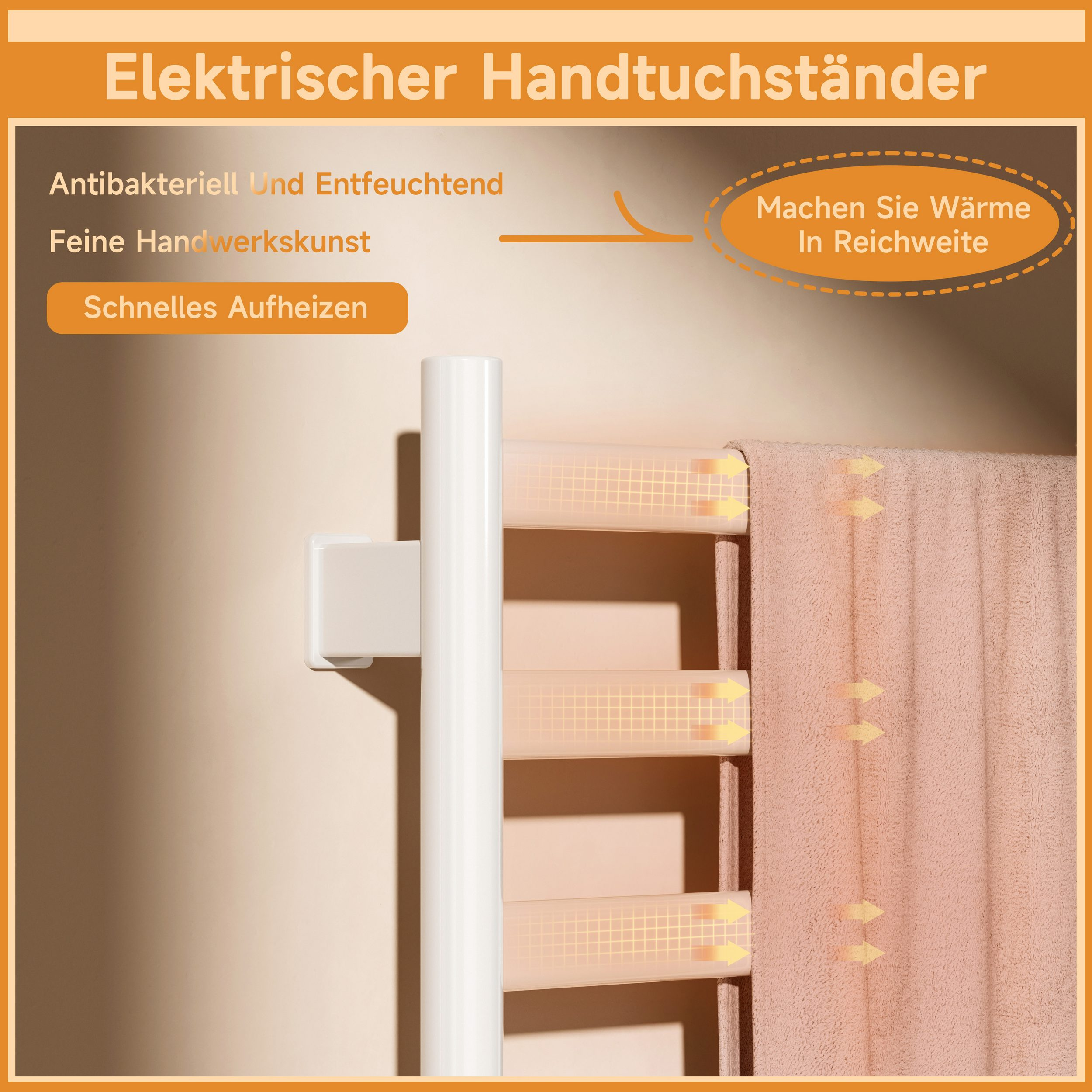Ein weißer elektrischer Handtuchwärmer wird gezeigt. Das Handtuch ist beige. Der Wärmer steht vor einer beigen Wand.