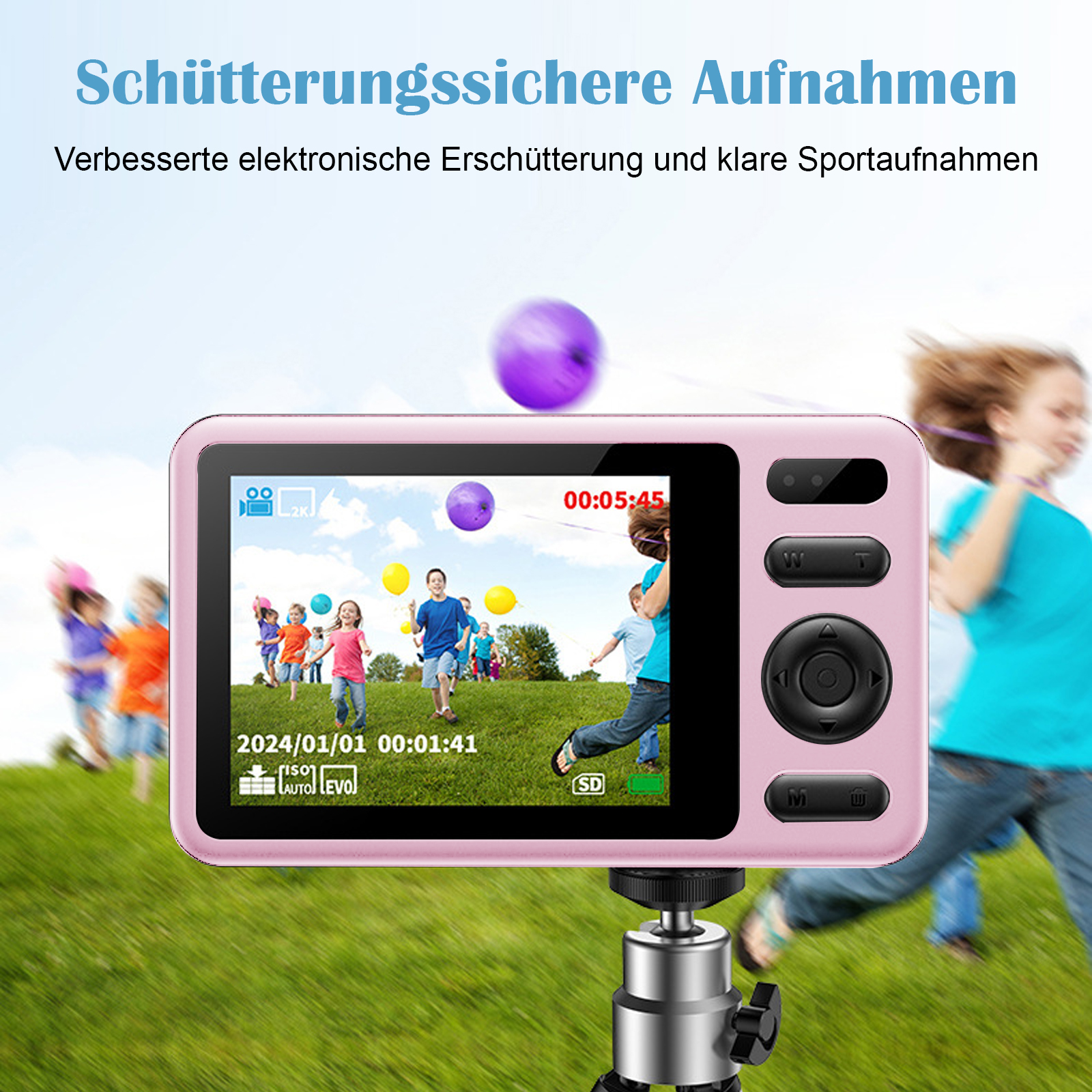 Eine rosa Kamera zeigt eine Gruppe von Kindern, die mit Luftballons rennen und spielen, mit einem Timer auf dem Bildschirm.