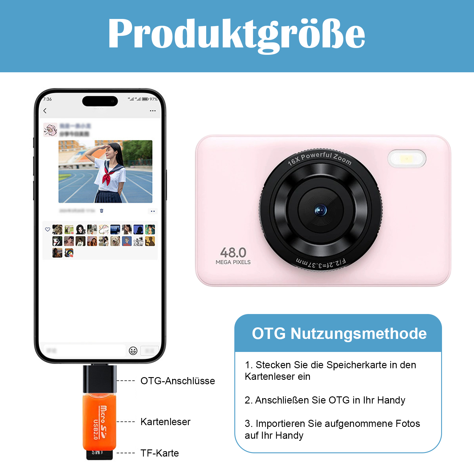 Eine rosa Kamera ist über einen USB-Adapter mit einem Telefon verbunden. Das Telefon zeigt Fotos an. Es gibt einen Kartenleser.