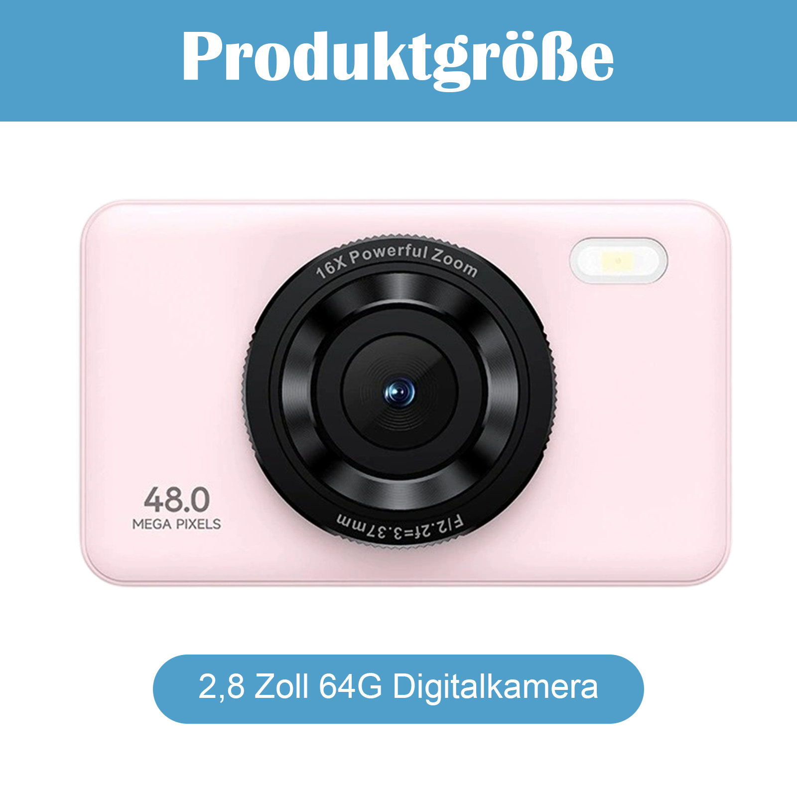 Rosa Digitalkamera mit schwarzem Objektiv. Es liest 48,0 MEGA PIXEL und 2,8 Zoll 64G Digitalkamera.