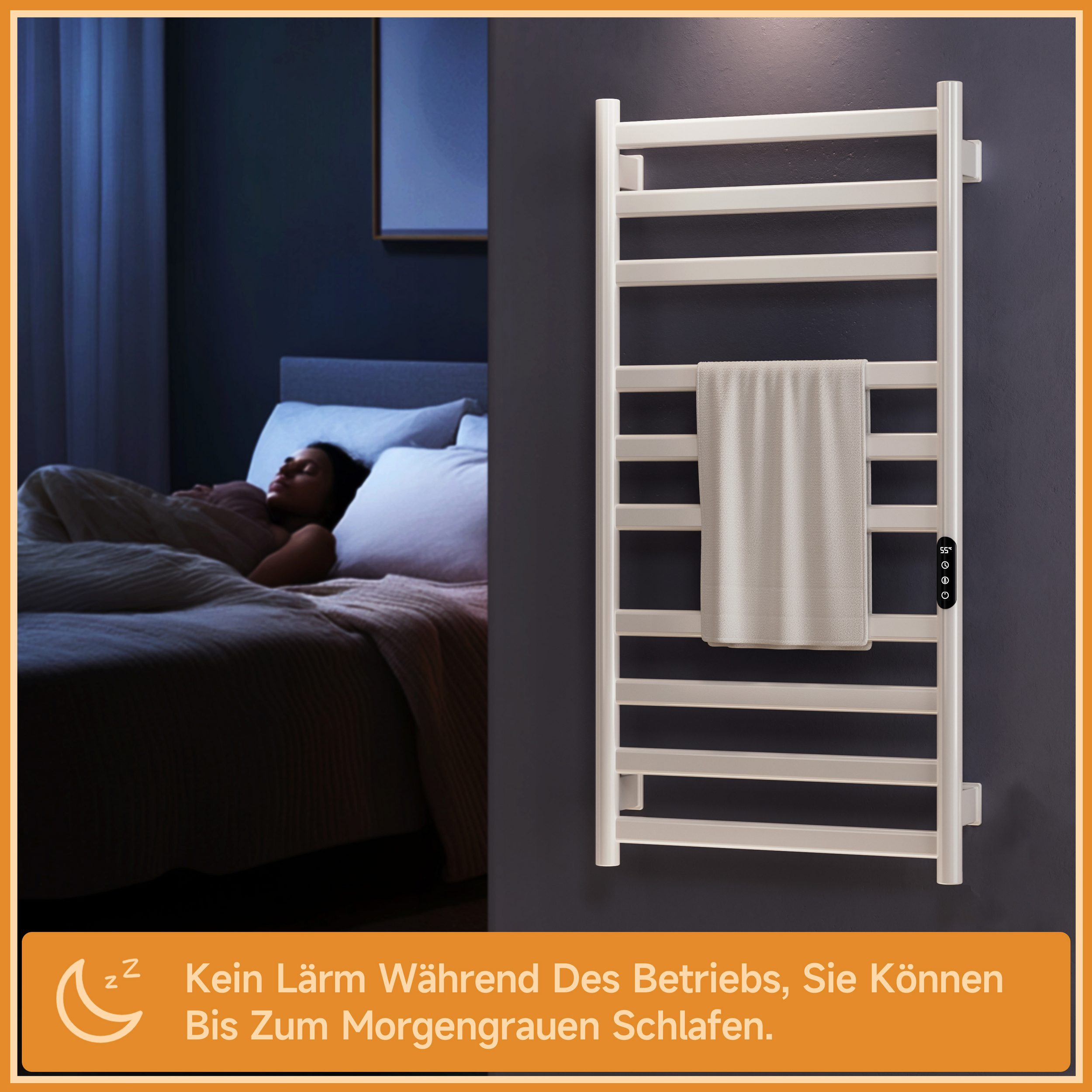 Eine Frau schläft in einem Bett. Ein Handtuchwärmer ist an der Wand. Die Wand ist dunkelgrau. Der Raum ist dunkel.