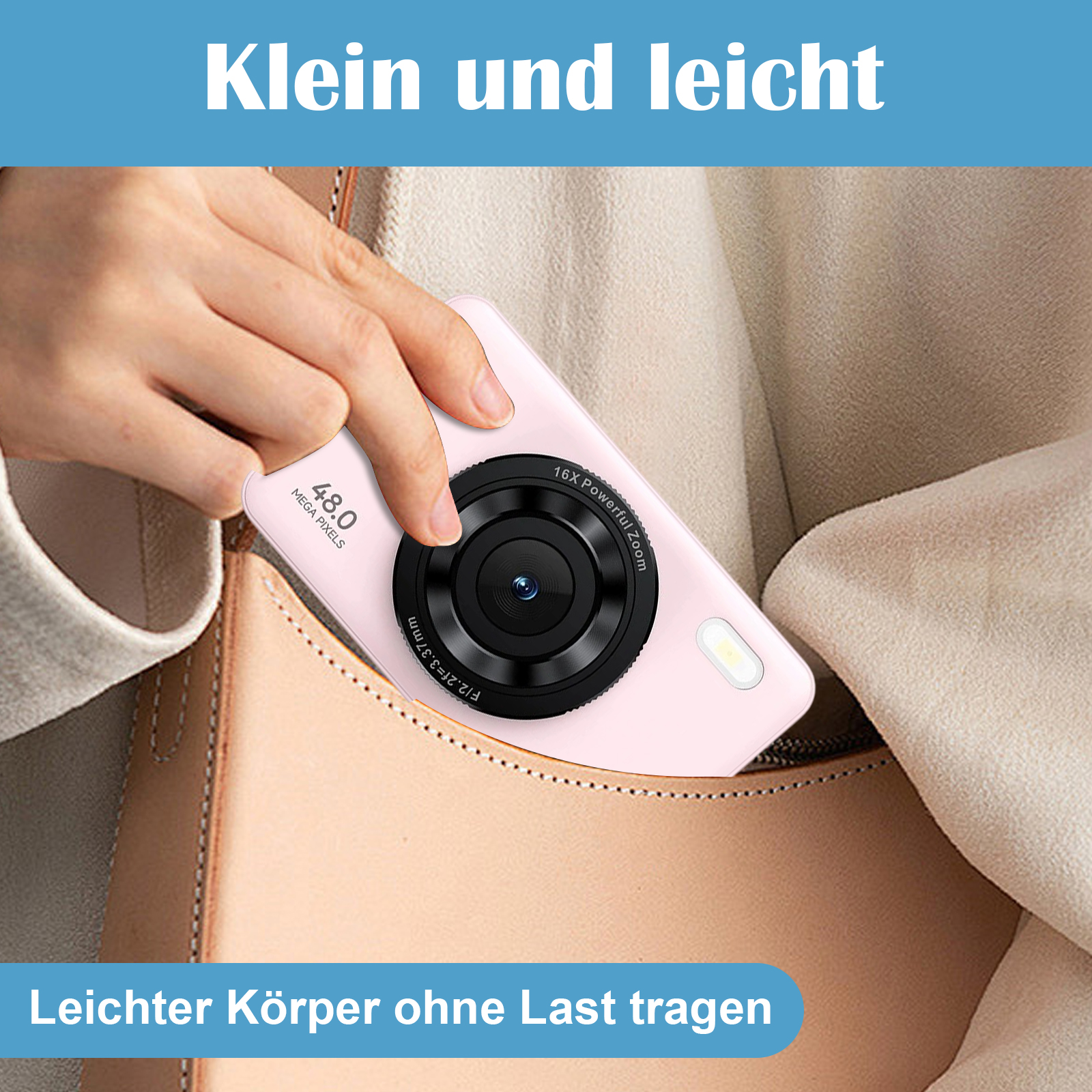 Eine rosa Kamera liegt in einer Handtasche. Die Kamera ist klein und hat ein schwarzes Objektiv. Die Handtasche ist braun.