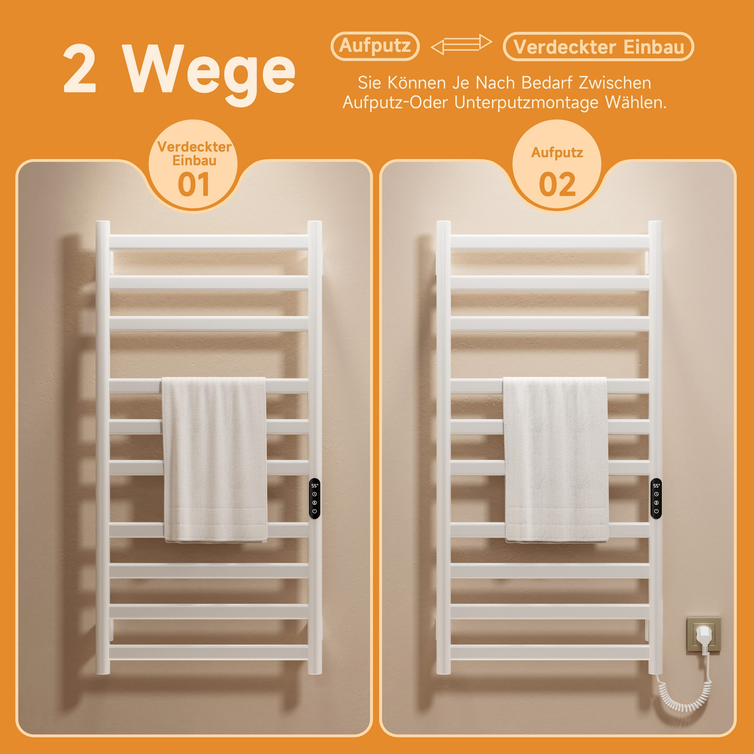 Zwei Handtuchwärmer, einer bündig montiert, der andere eingelassen. Beide haben ein graues Handtuch. Die Wand ist beige.