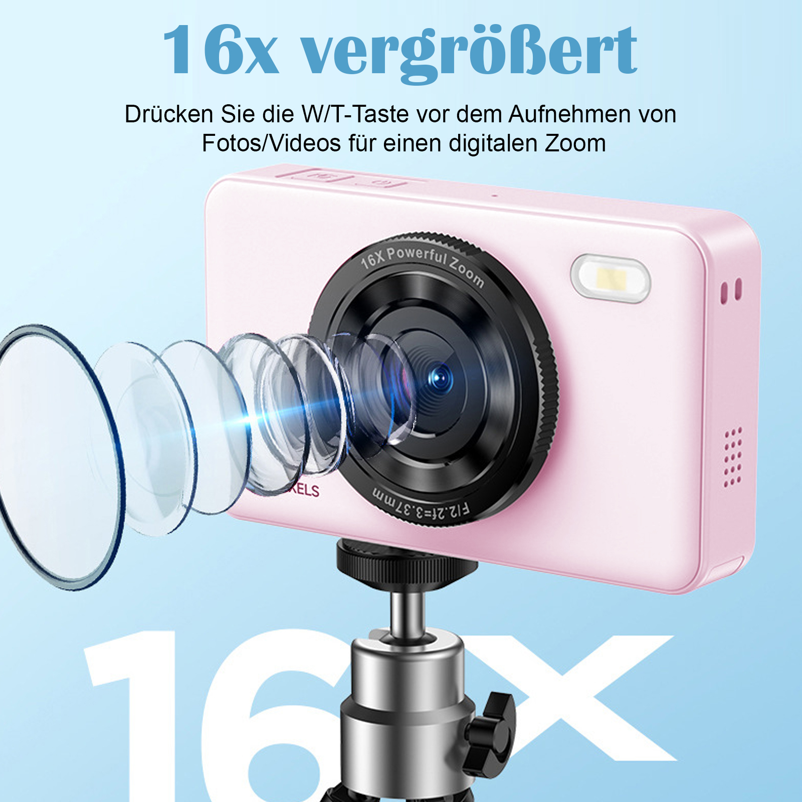 Eine rosa Kamera mit schwarzem Objektiv ist auf einem Stativ montiert. Es gibt Kreise um die Kamera. Die Kamera ist neu.