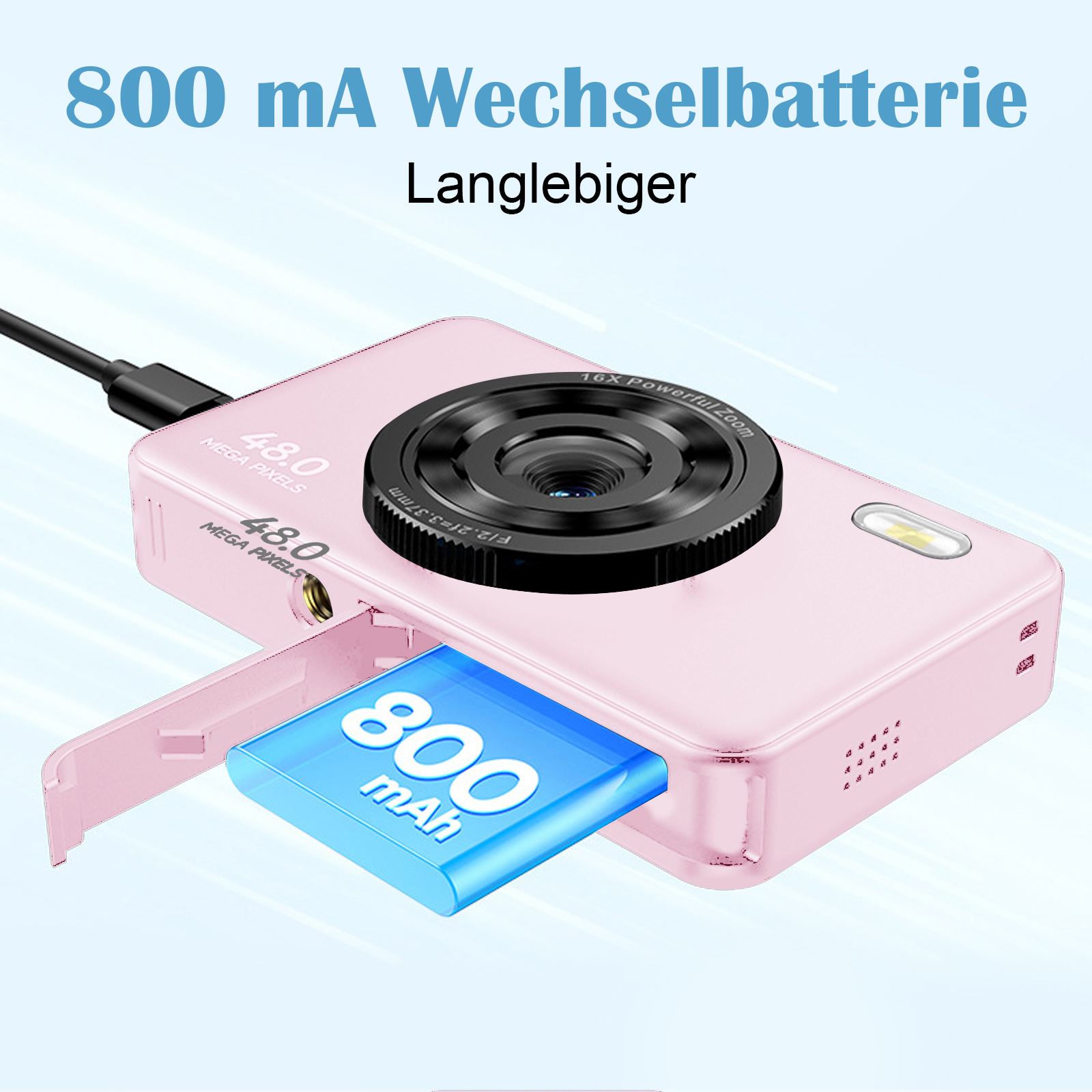 Eine rosa Kamera hat eine geöffnete Batterietür, mit einer 800mAh Batterie. Die Kamera steht vor weißem Hintergrund.