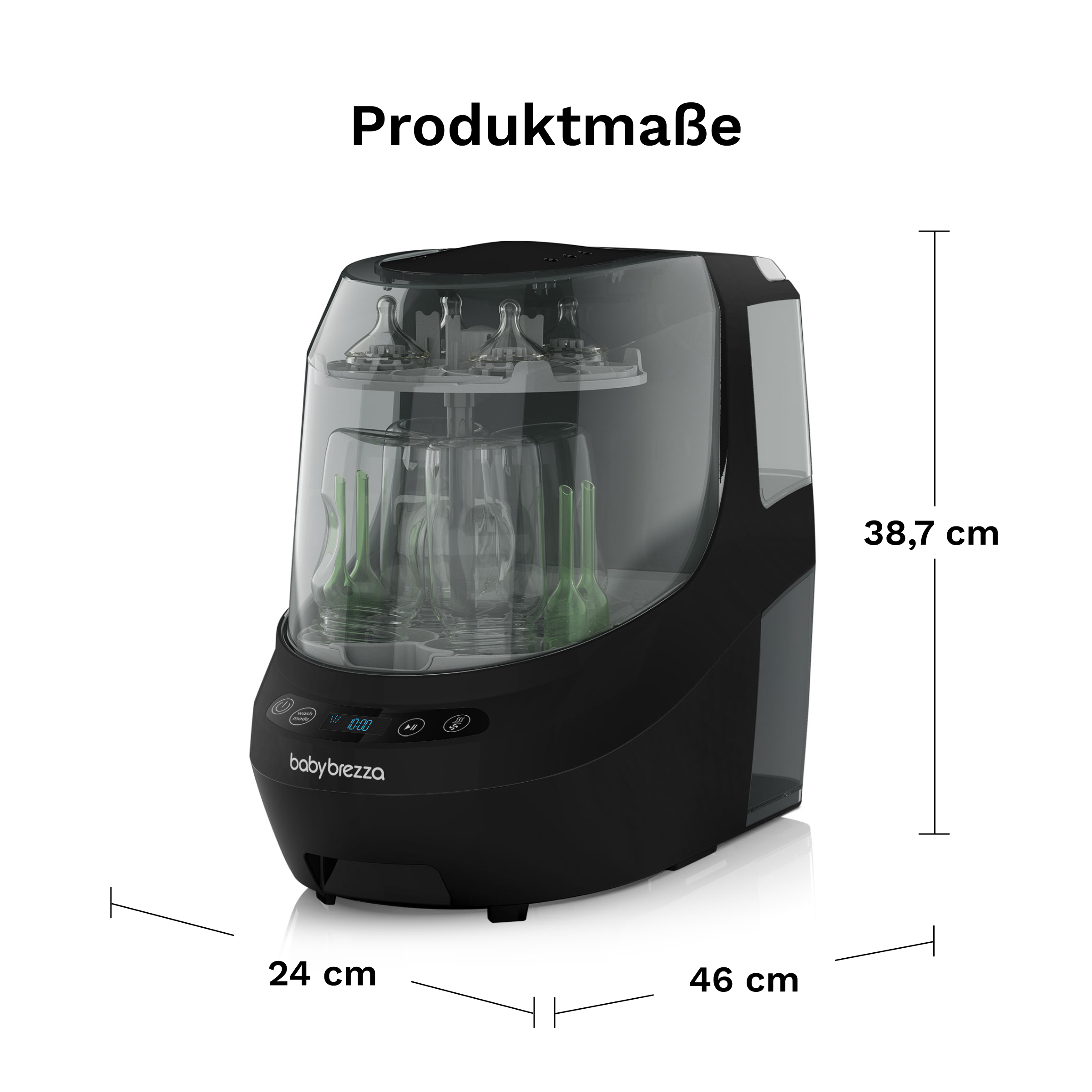 Schwarzer und klarer Babyflaschensterilisator mit angezeigten Abmessungen. Marke Baby Brezza.