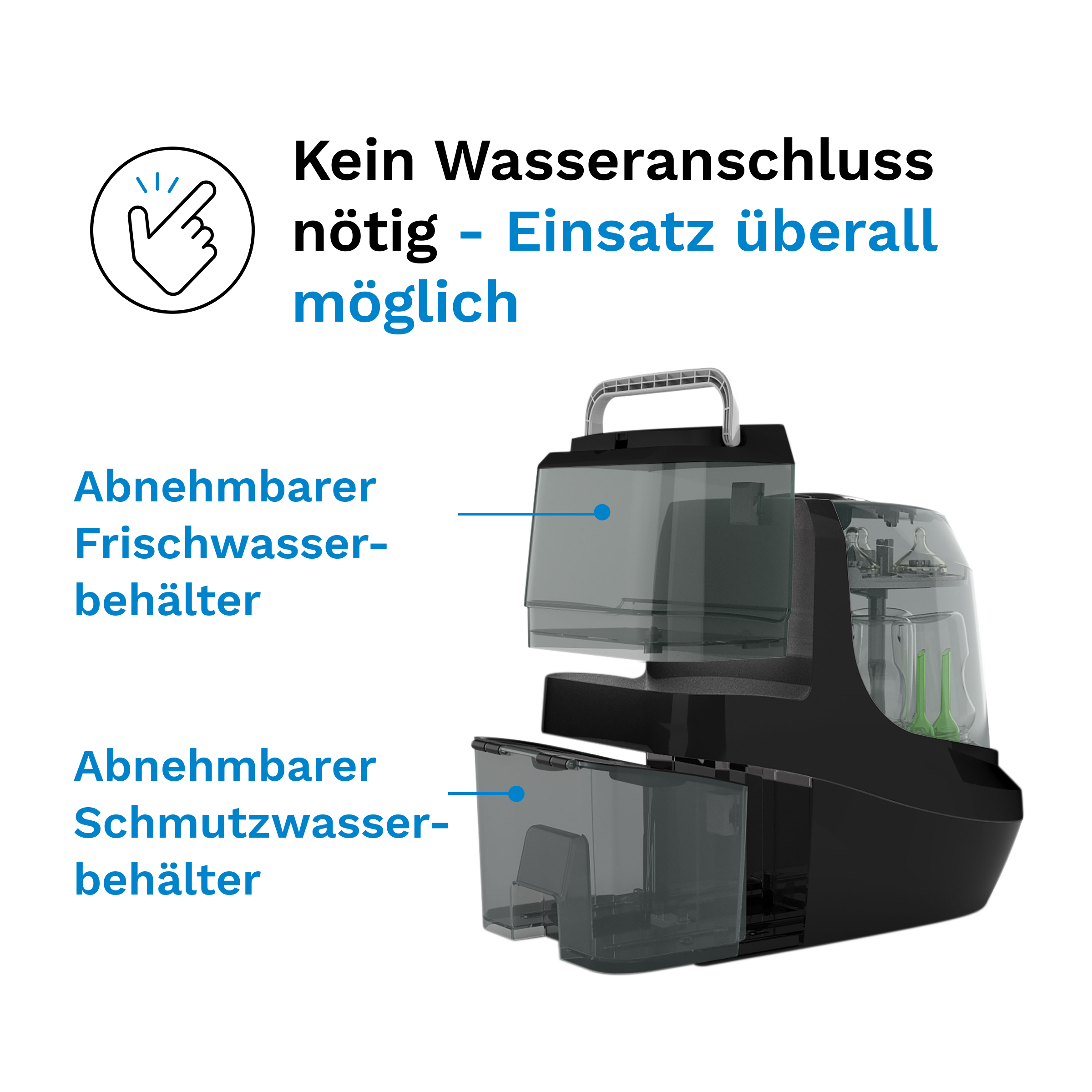 Schwarzer Babyflaschenwäscher und -sterilisator mit abnehmbaren Wassertanks.