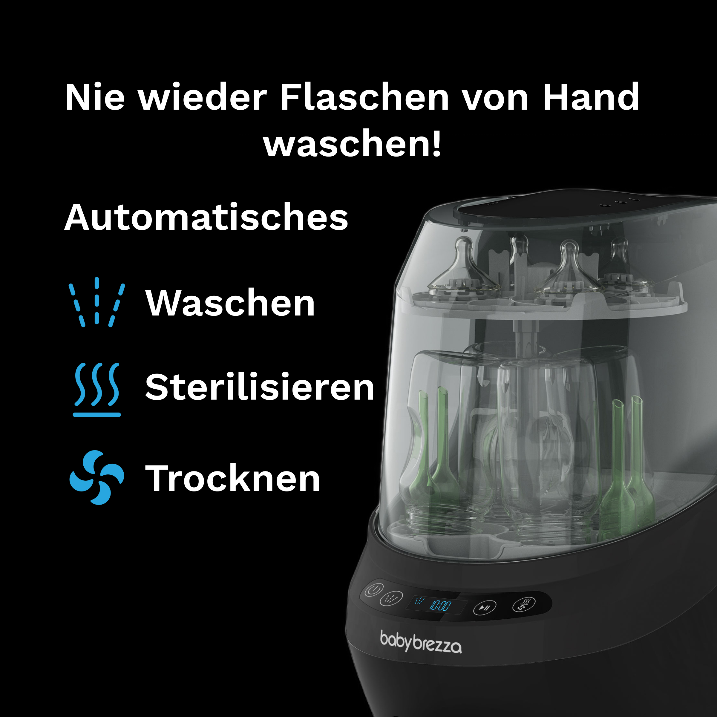 Schwarzer Babyflaschensterilisator mit durchsichtigem Deckel, Flaschen und Nippeln.