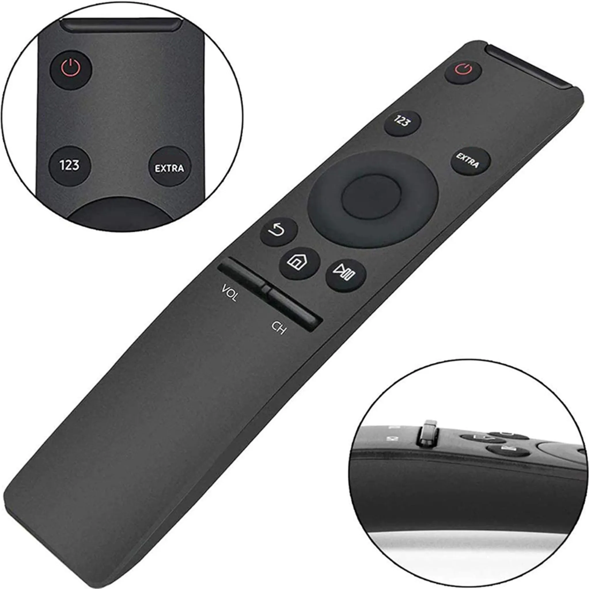 Schwarze Fernbedienung mit Tasten für Ein/Aus, Nummern, Zurück, Home, Wiedergabe und Lautstärke/Kanal.