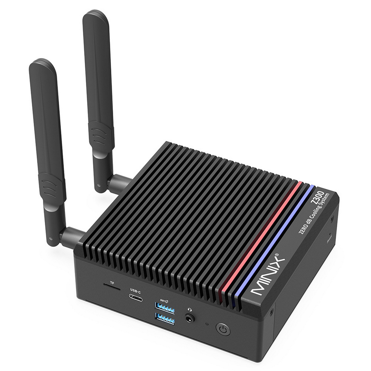 Czarny mini PC z antenami. Zawiera porty USB, przycisk zasilania i logo MINIX Z300.