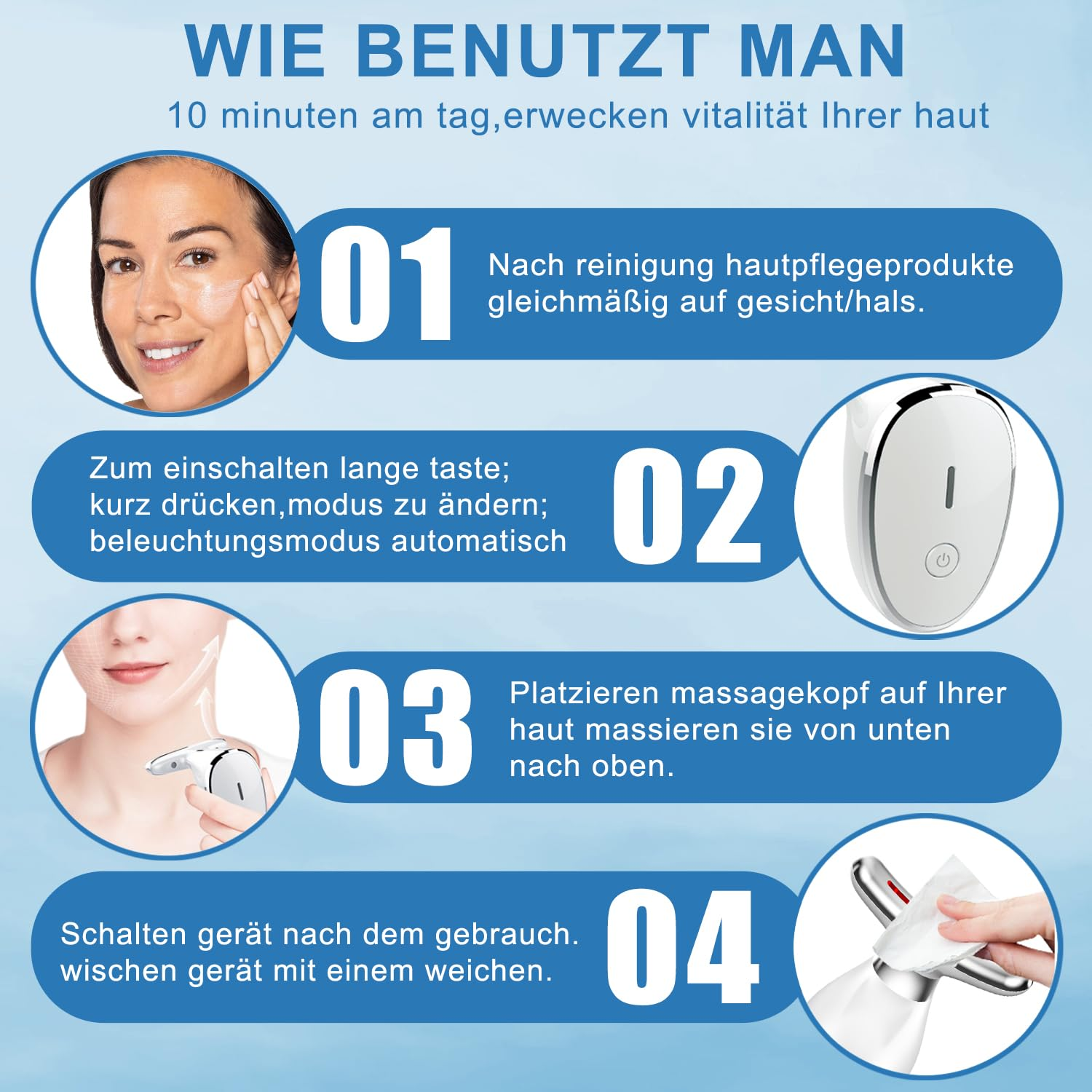 Gebrauchsanweisungen für Gesichtsmassagegeräte mit Bildern und Schritten.