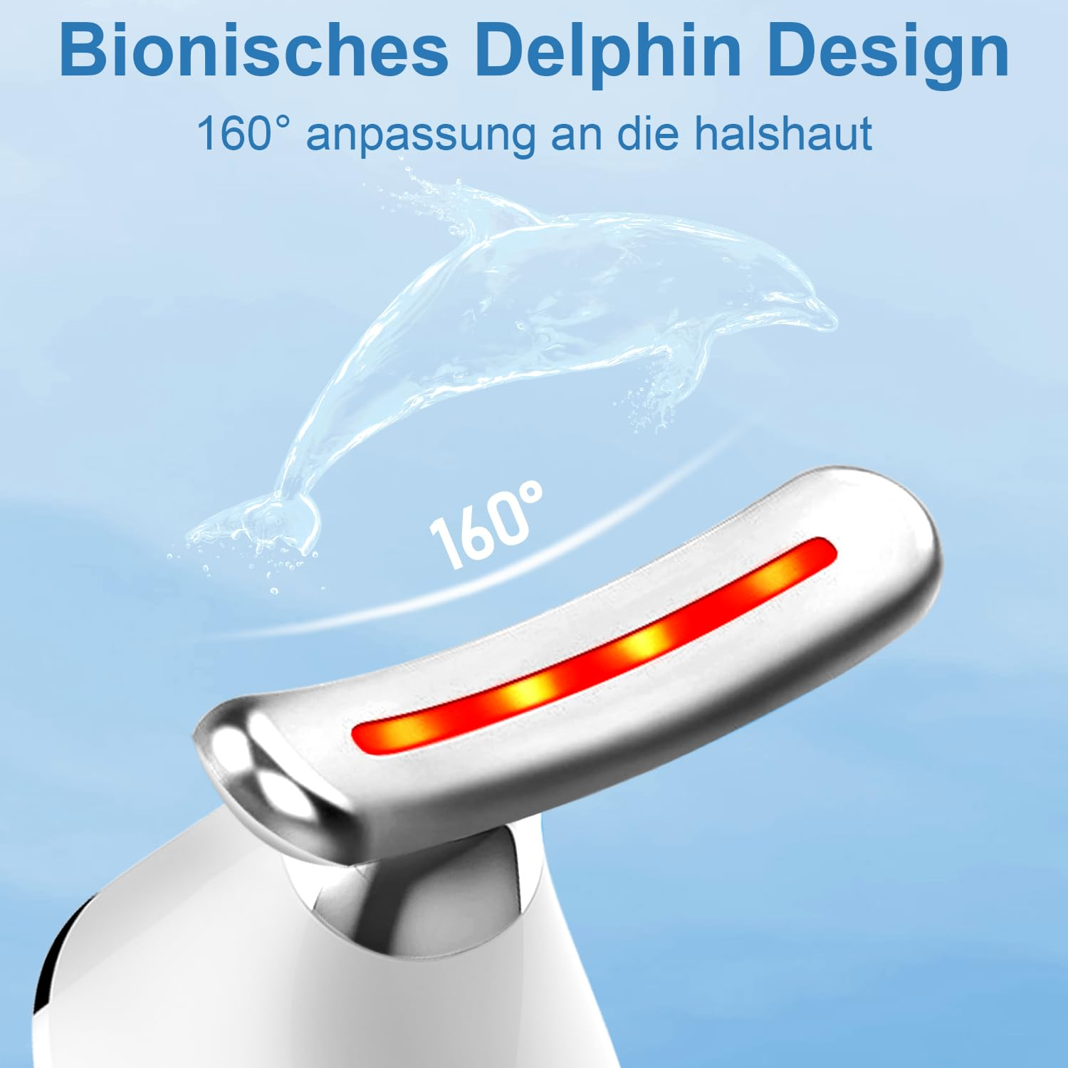 Weißes und silbernes Gesichtsmassagegerät mit rotem Licht, Delphin-Design.
