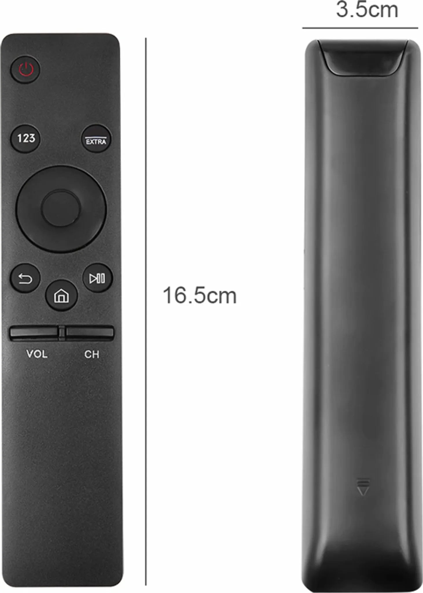 Schwarze TV-Fernbedienung mit den Abmessungen: 16,5 cm Länge, 3,5 cm Breite.