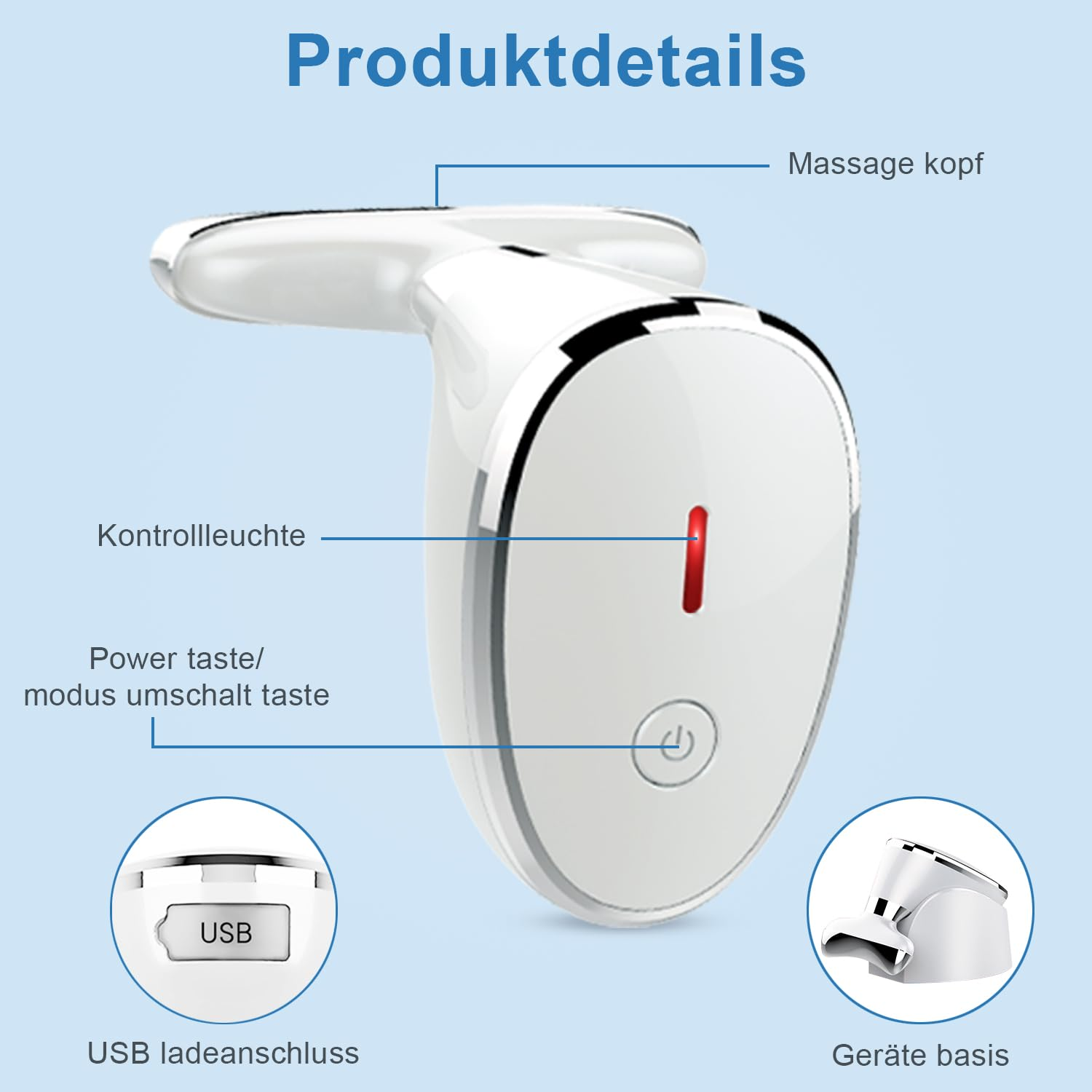 Weißes Gesichtsmassagegerät mit verschiedenen Funktionen, einschließlich USB-Anschluss.