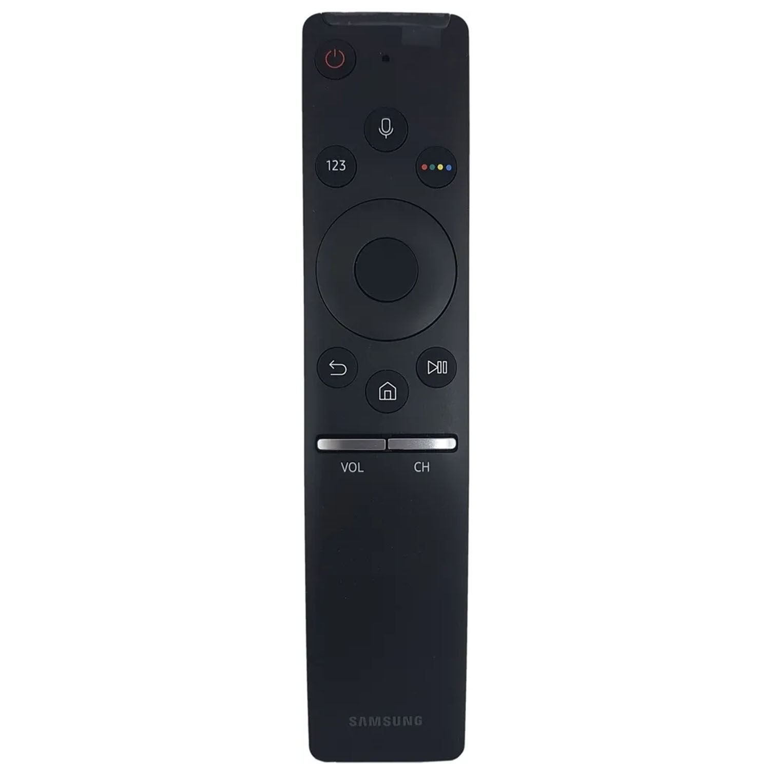 Schwarze Samsung-Fernbedienung mit Tasten für Strom, Sprache, Zahlen, Lautstärke und Kanäle.